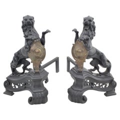 Pair of Antique Victorian Cast Iron & Brass Figural Roaring Lion Andirons