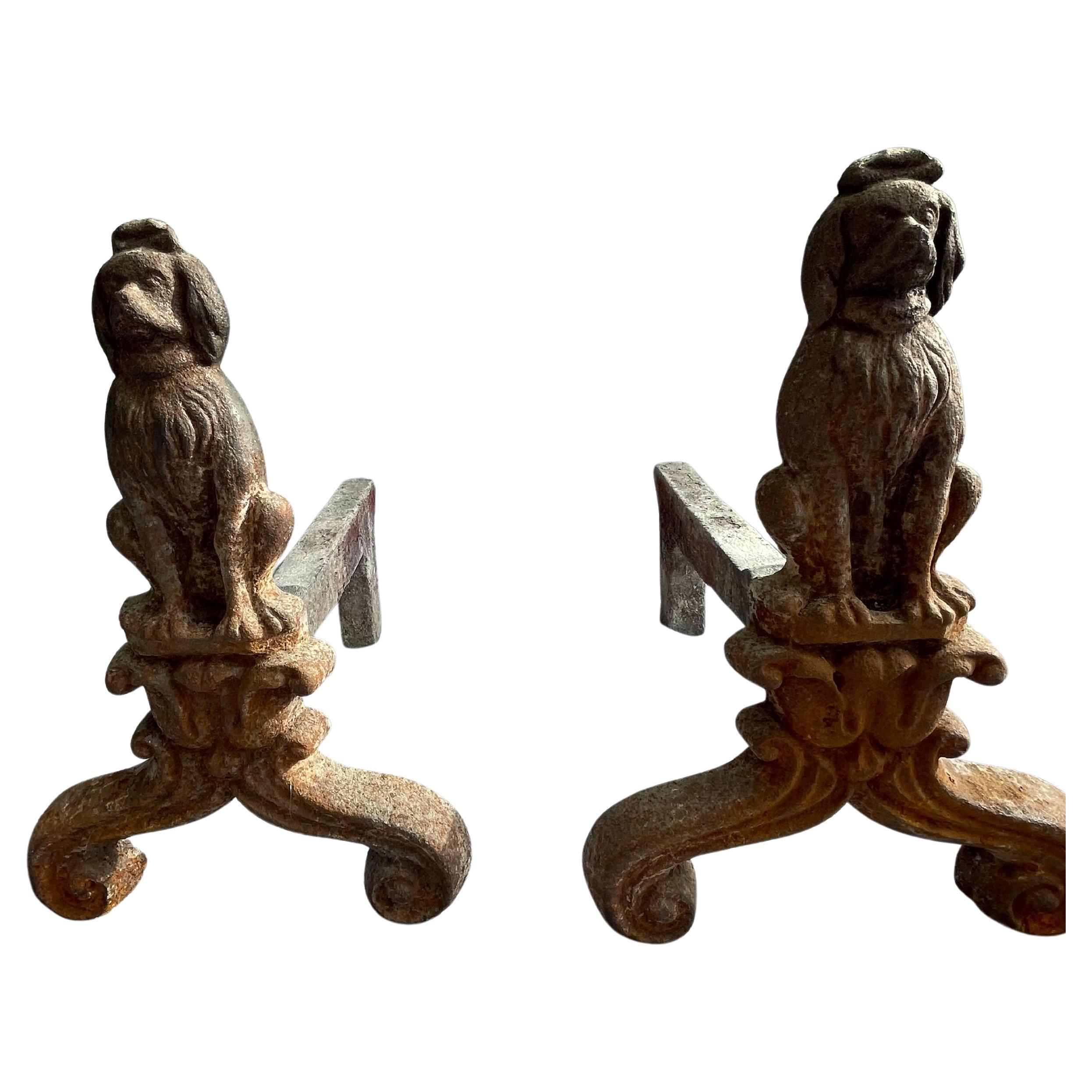 Pair of Antique Victorian Cast Iron Dog Andirons