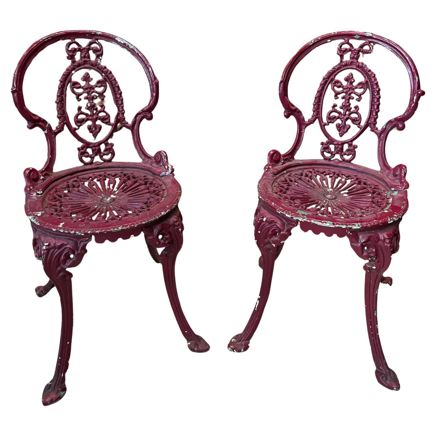 Pair of Antique Victorian Cast Iron Garden Chairs with Pierced Medallion Backs