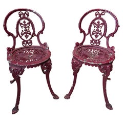 Pair of Antique Victorian Cast Iron Garden Chairs with Pierced Medallion Backs