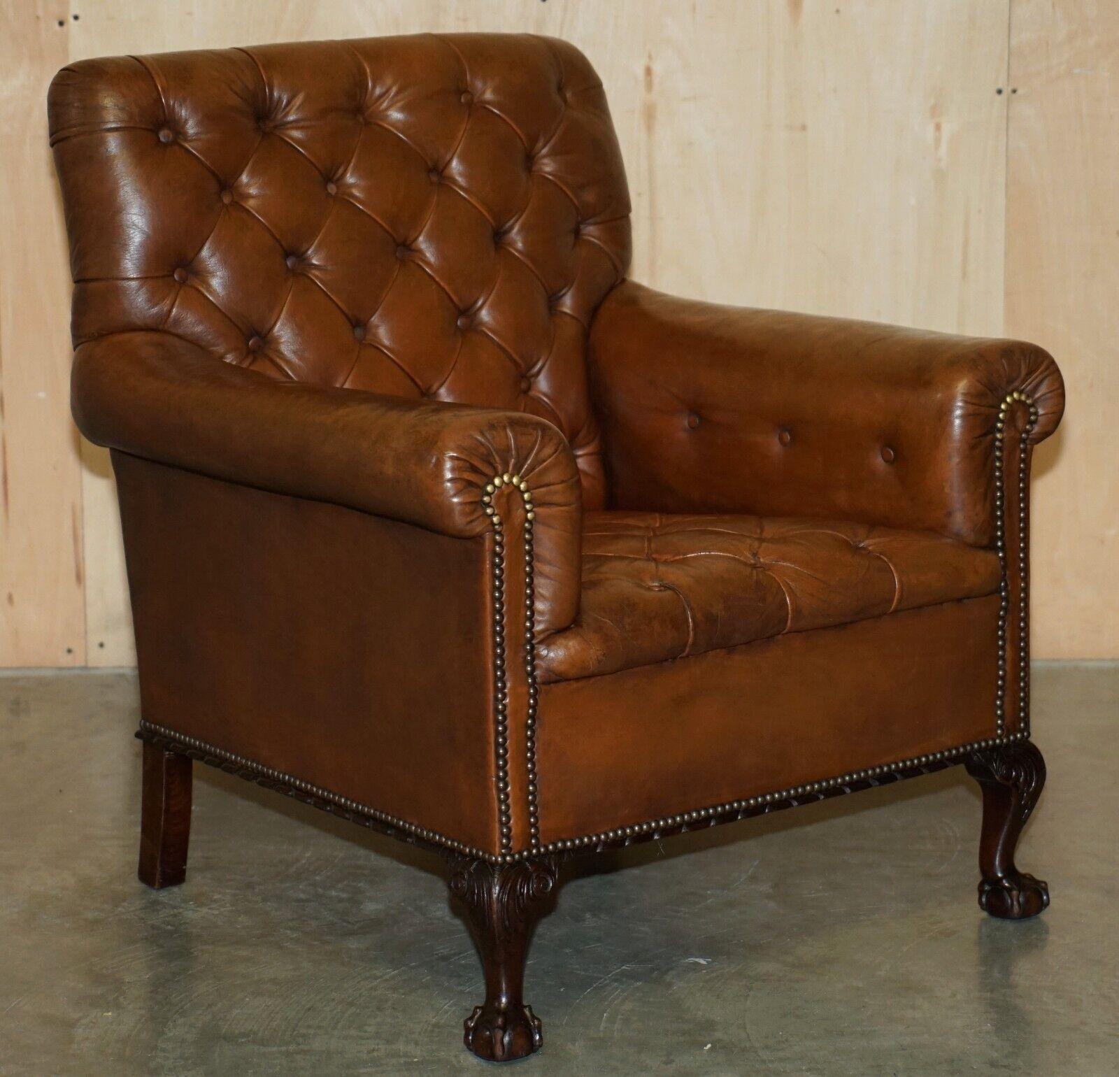 Royal House Antiques

Royal House Antiques is delighted to offer for sale this lovely pair of vintage Victorian circa 1880 lightly restored Chesterfield brown leather armchairs with hand carved Claw & Ball feet

Please note the delivery fee listed