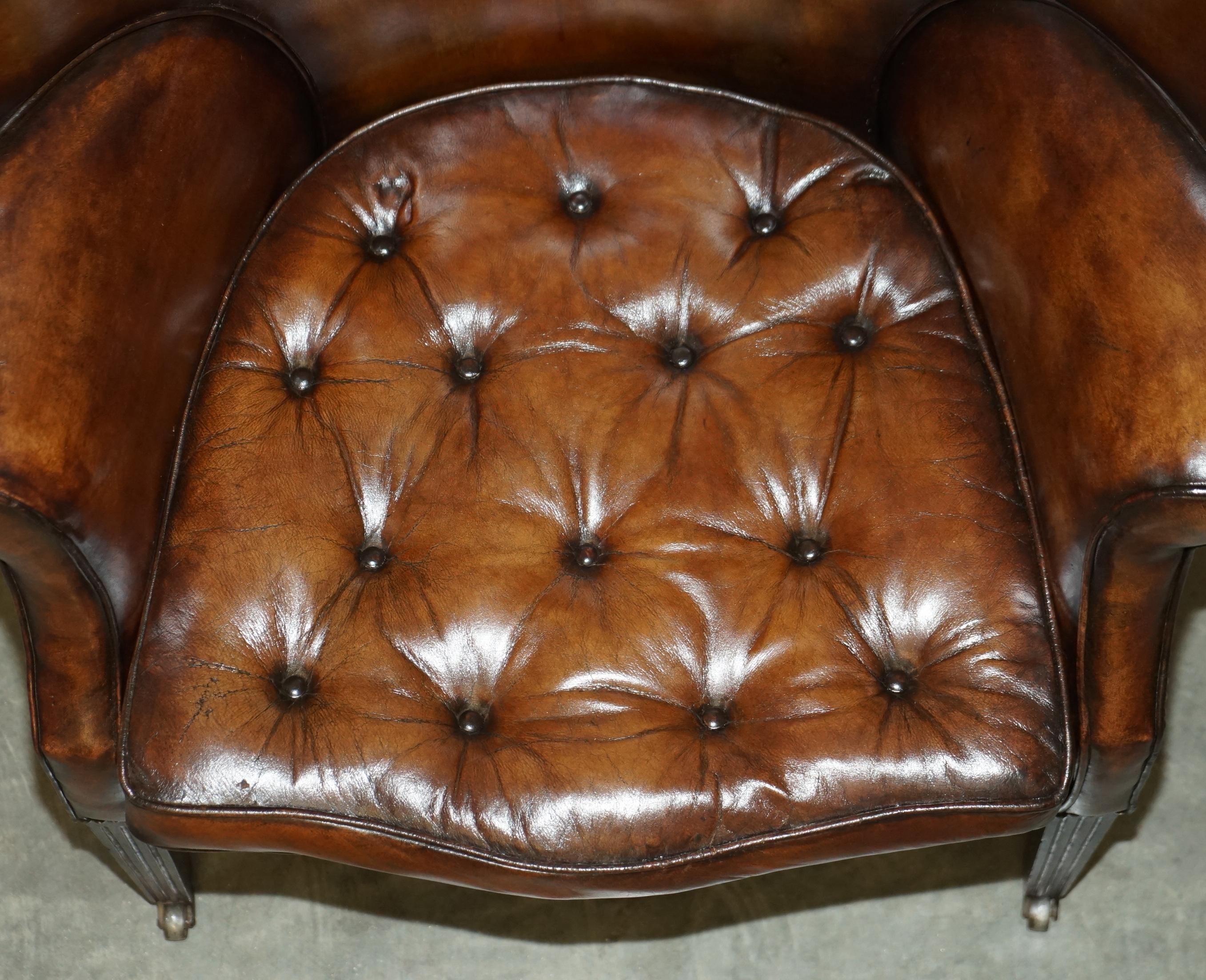 Pair of Antique Victorian Chippendale Brown Leather Porters Wingback Armchairs 7
