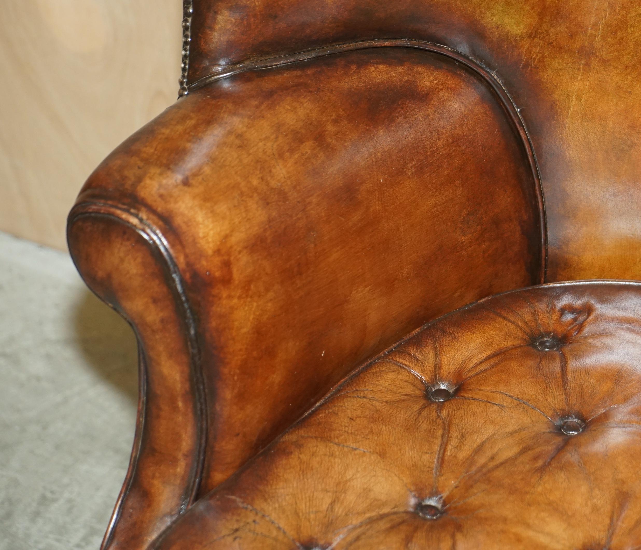 Pair of Antique Victorian Chippendale Brown Leather Porters Wingback Armchairs 8