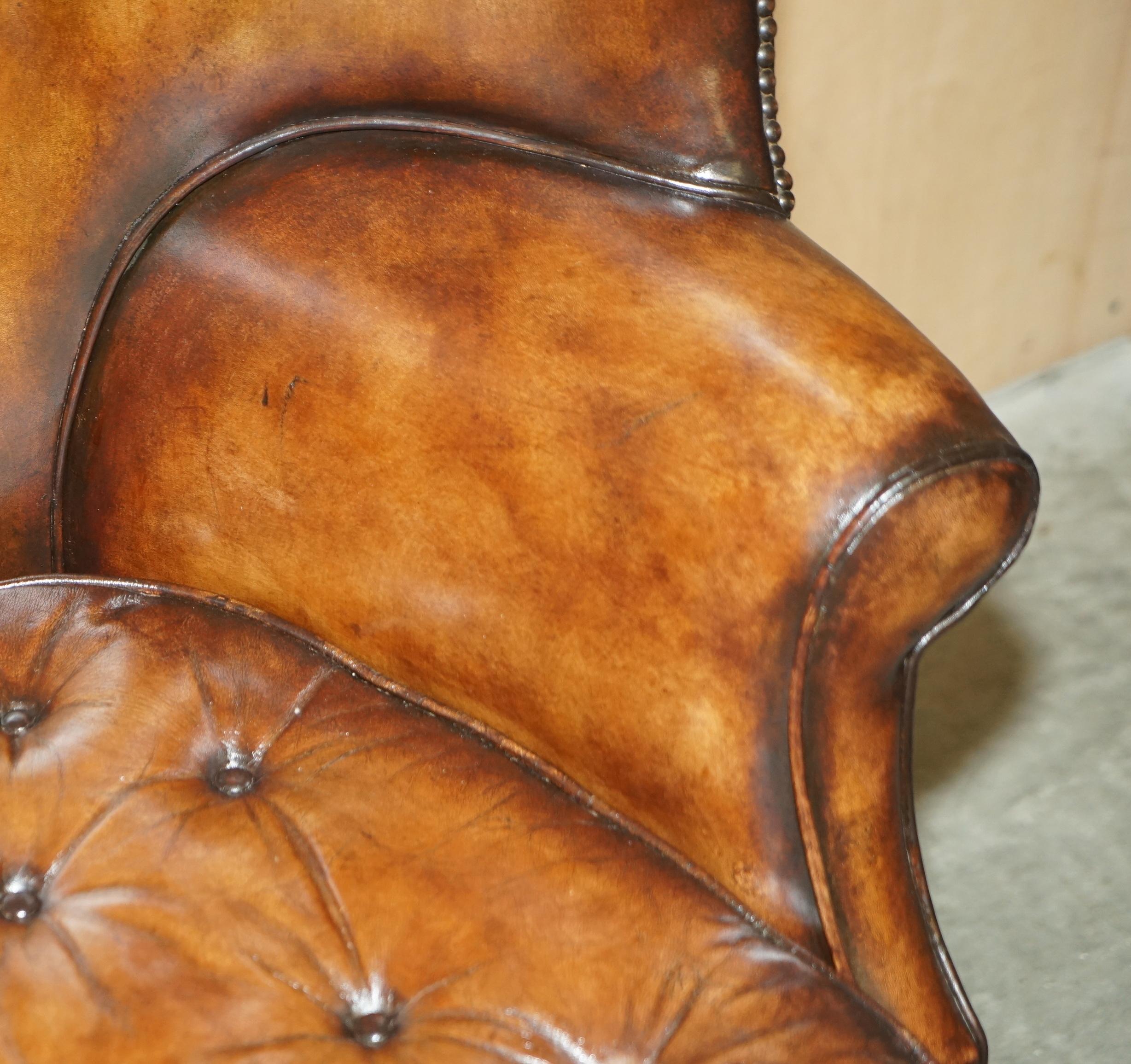 Pair of Antique Victorian Chippendale Brown Leather Porters Wingback Armchairs 8