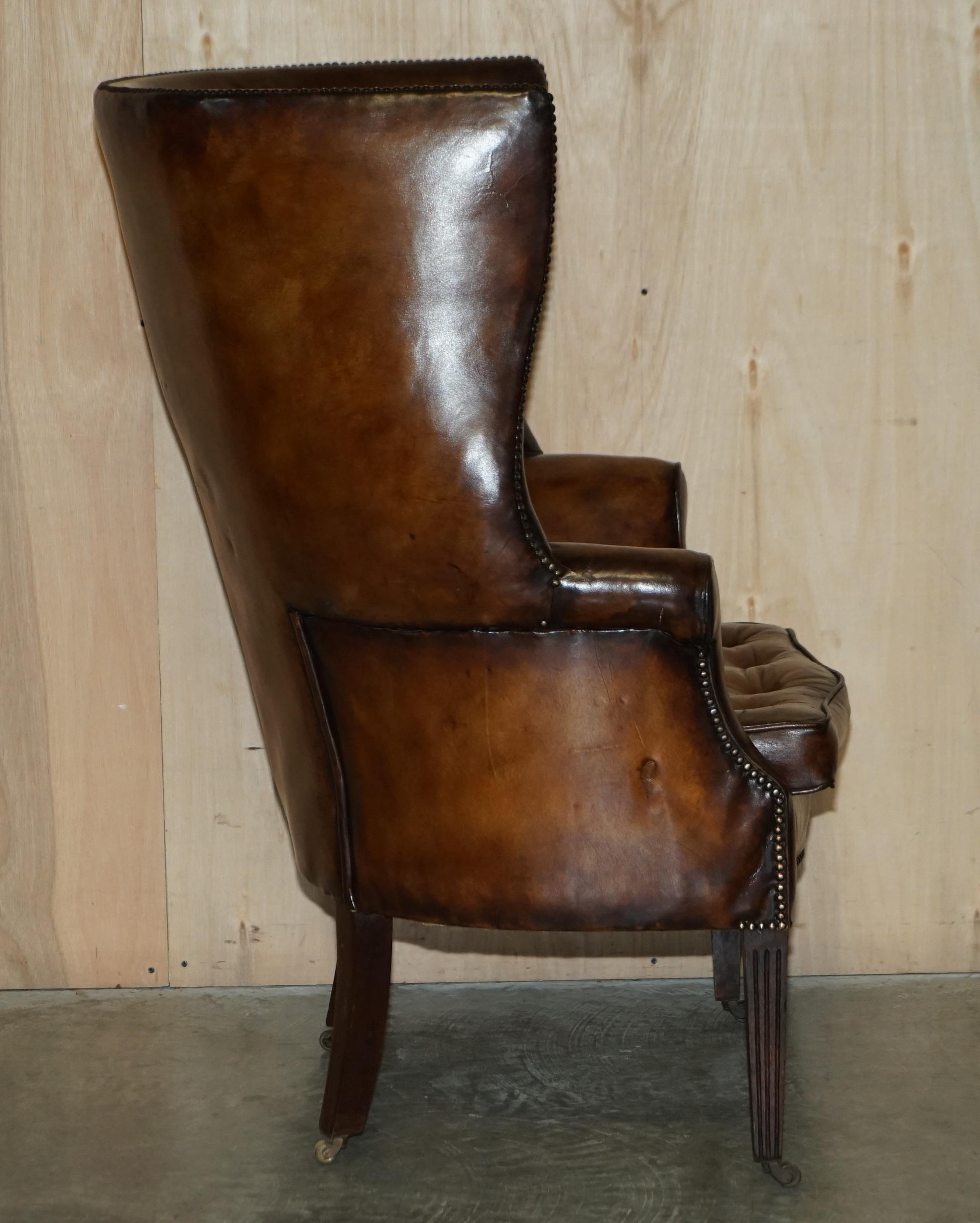 Pair of Antique Victorian Chippendale Brown Leather Porters Wingback Armchairs 10