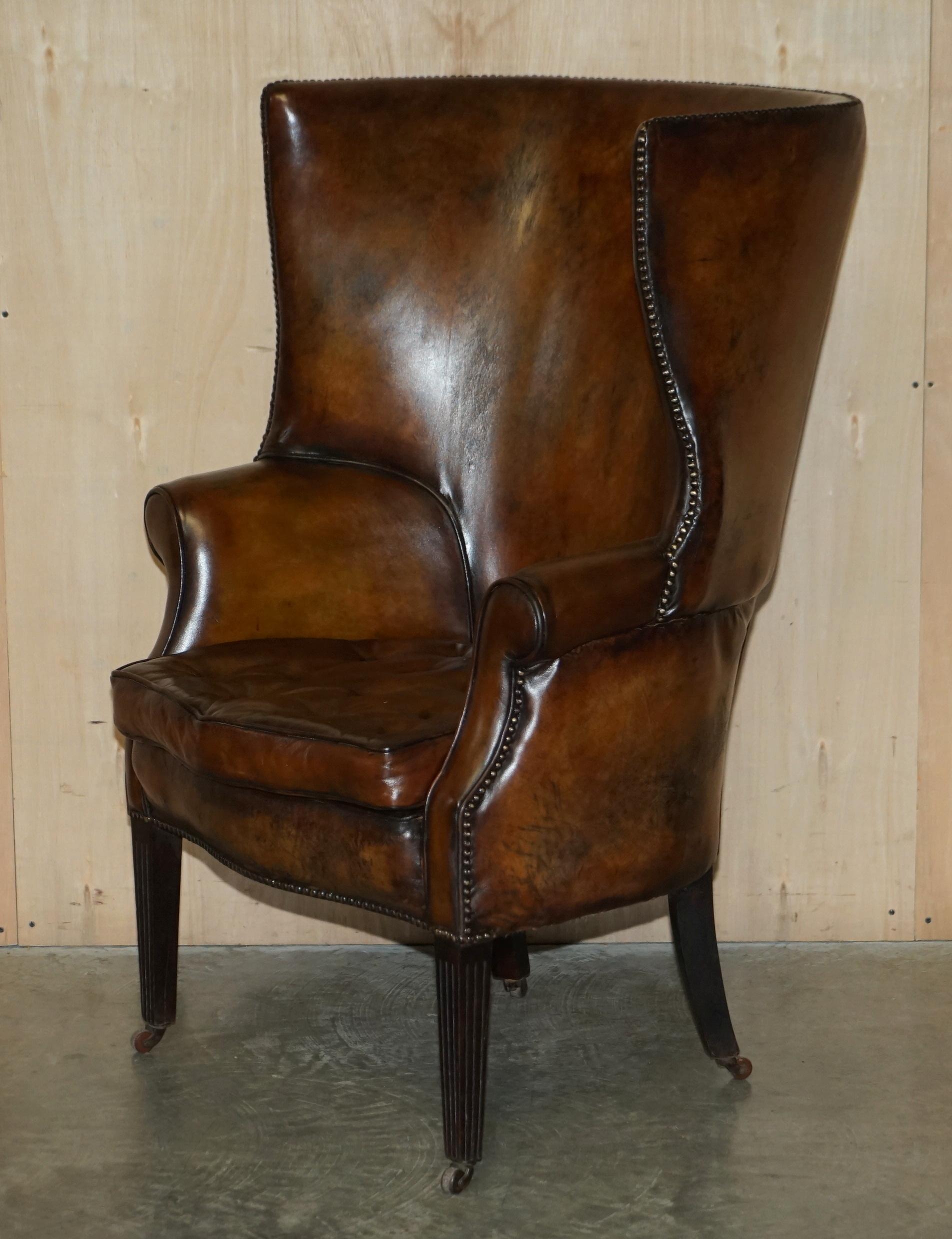 Pair of Antique Victorian Chippendale Brown Leather Porters Wingback Armchairs 13