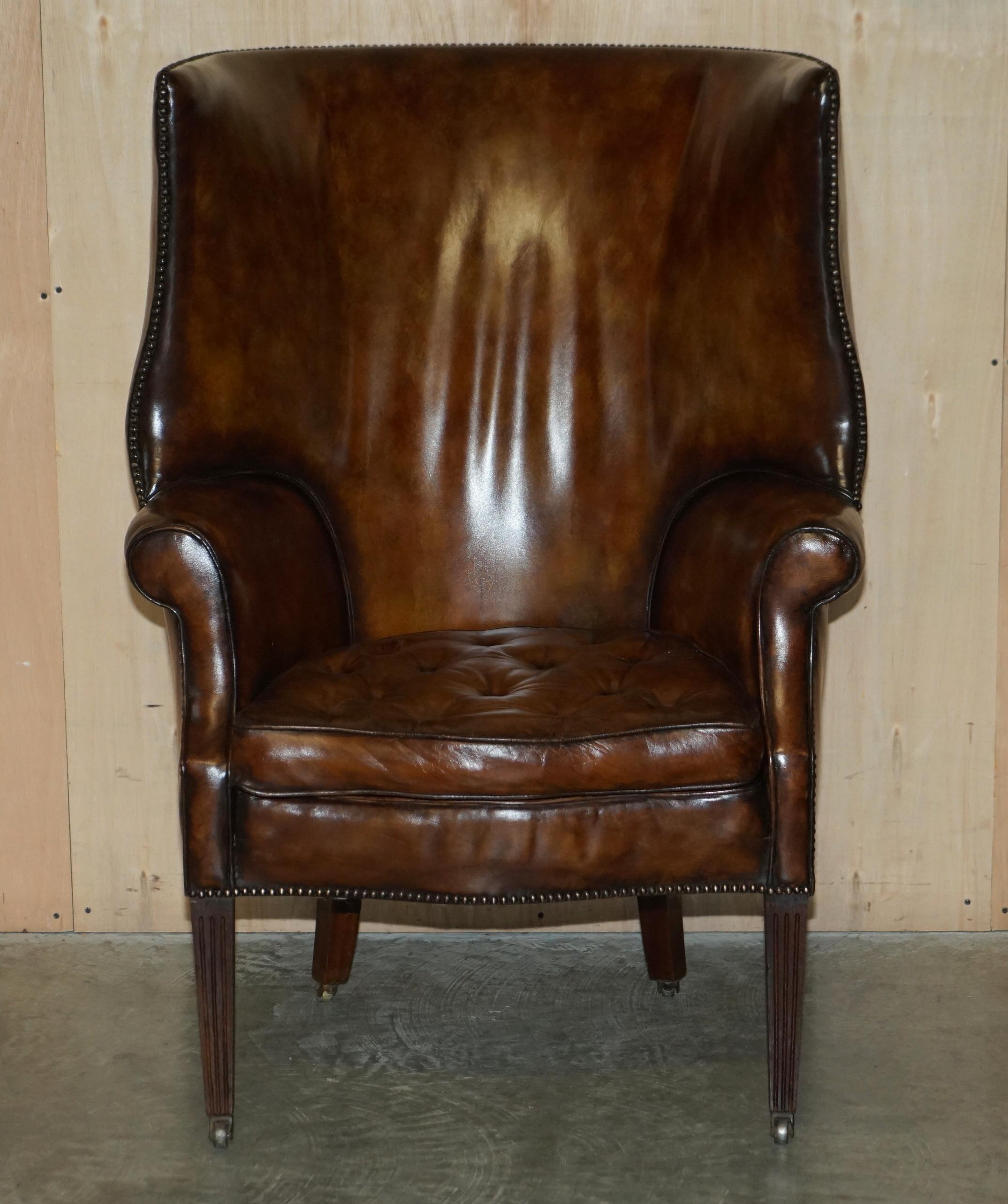 High Victorian Pair of Antique Victorian Chippendale Brown Leather Porters Wingback Armchairs