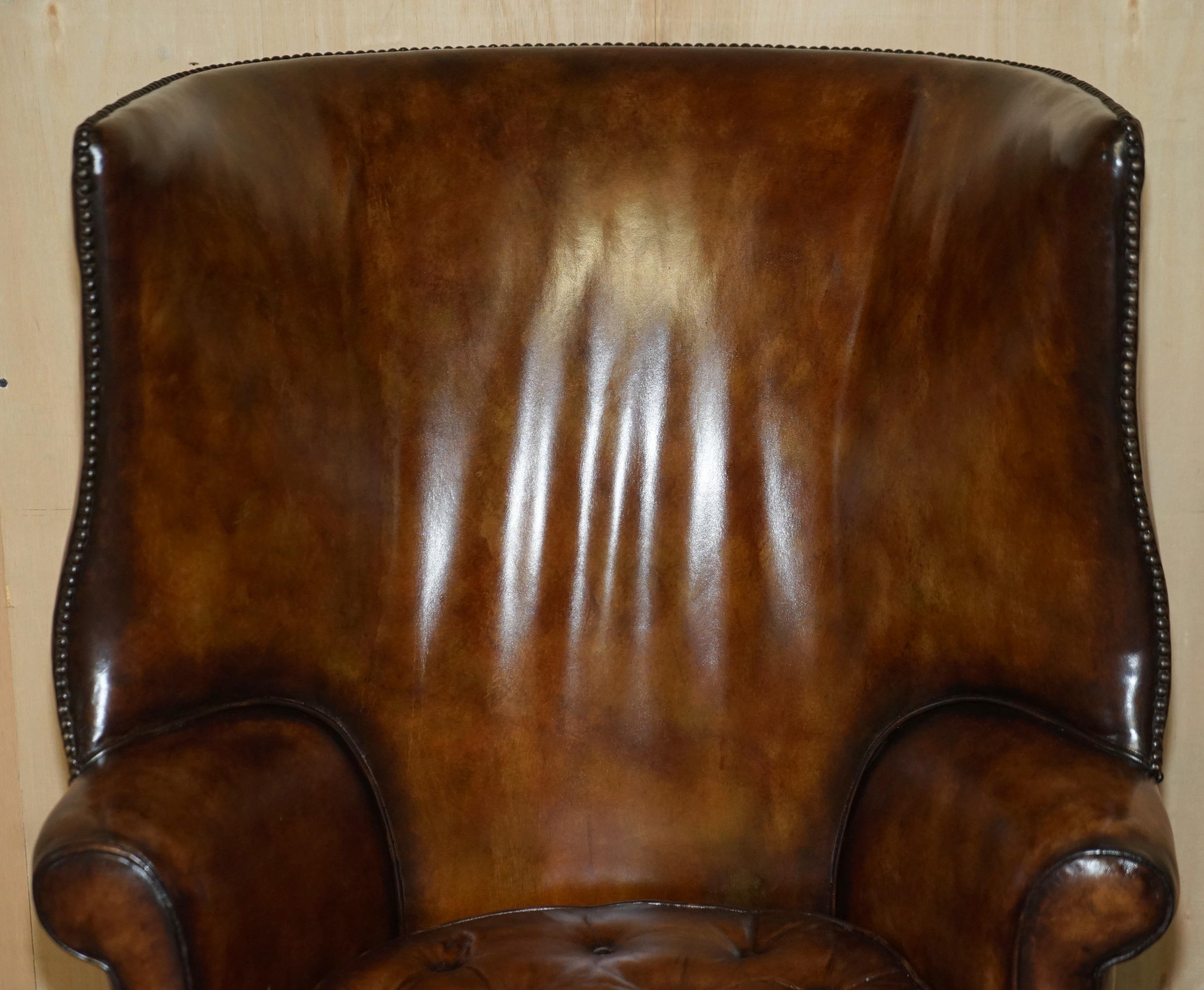 English Pair of Antique Victorian Chippendale Brown Leather Porters Wingback Armchairs