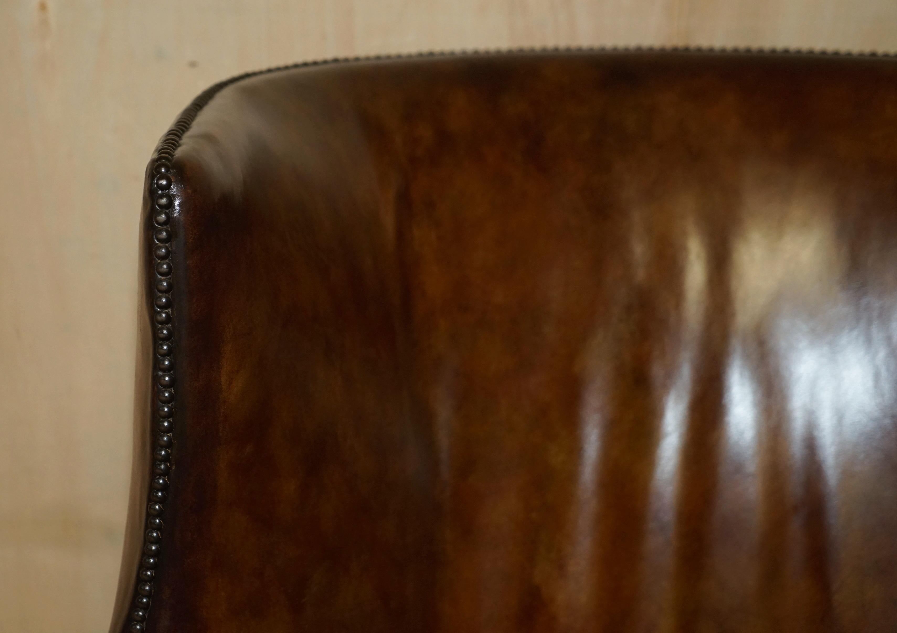 Mid-19th Century Pair of Antique Victorian Chippendale Brown Leather Porters Wingback Armchairs