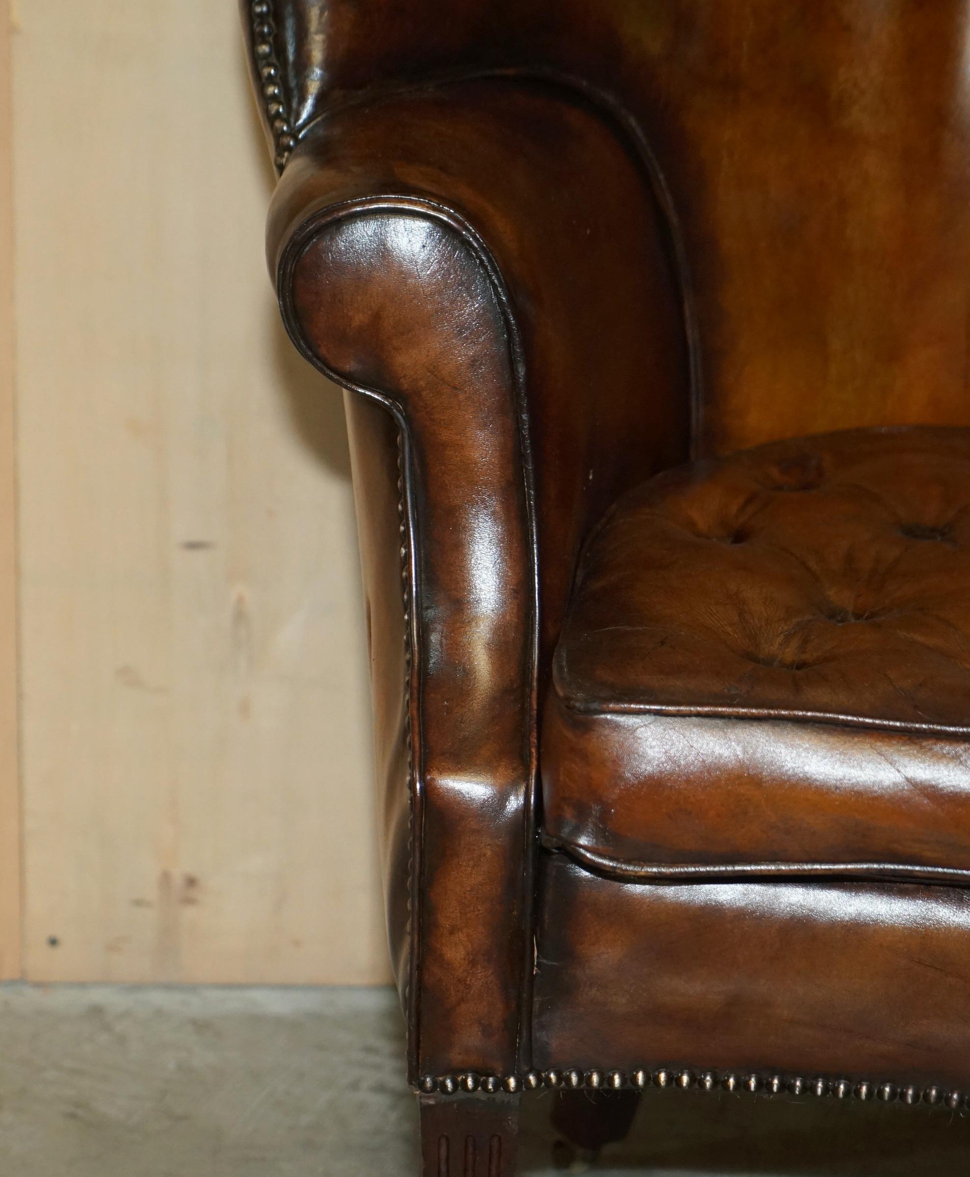 Pair of Antique Victorian Chippendale Brown Leather Porters Wingback Armchairs 1