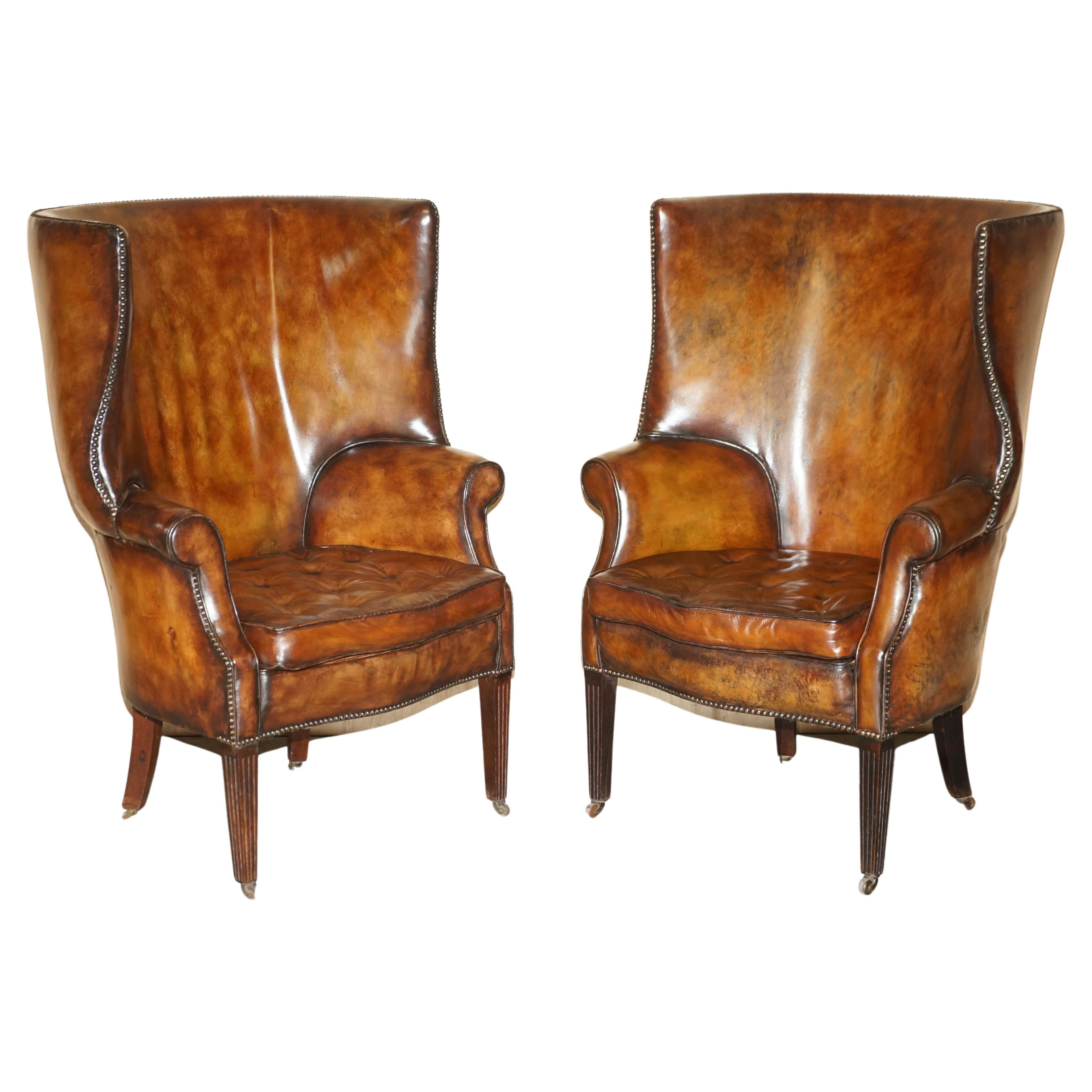 Pair of Antique Victorian Chippendale Brown Leather Porters Wingback Armchairs