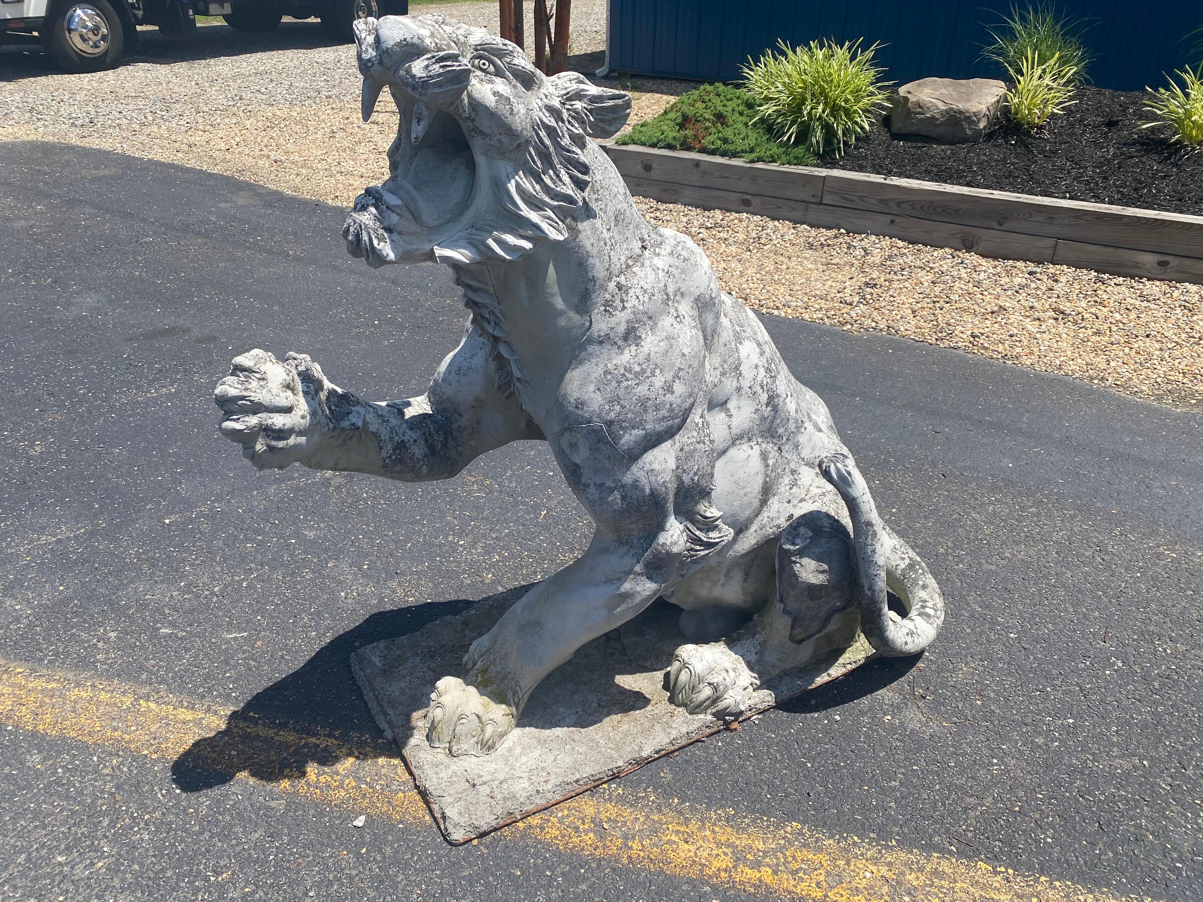 Pair of Antique Victorian Concrete Growling and Threatening Lions, circa 1890s 9