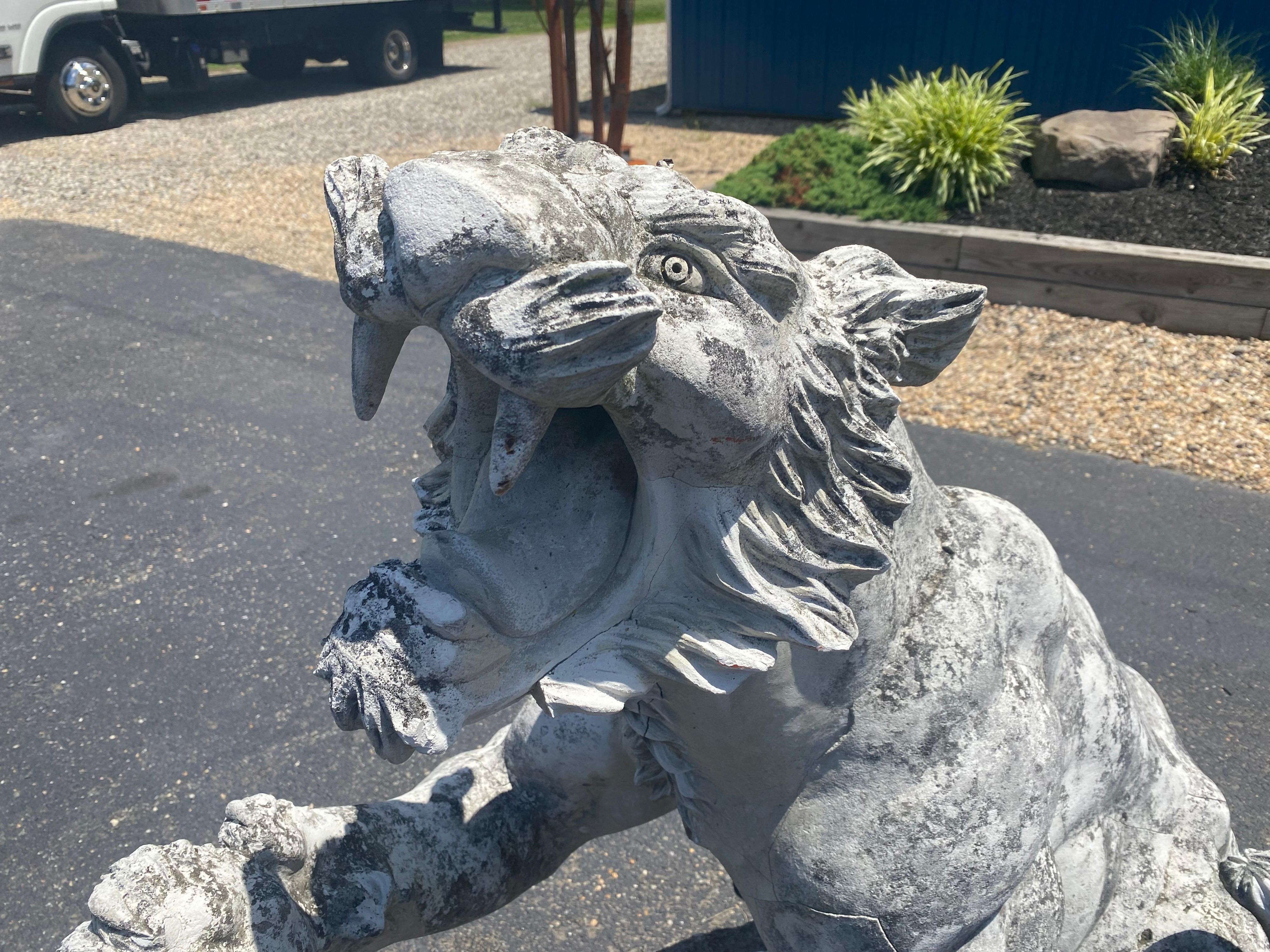 Pair of Antique Victorian Concrete Growling and Threatening Lions, circa 1890s 11