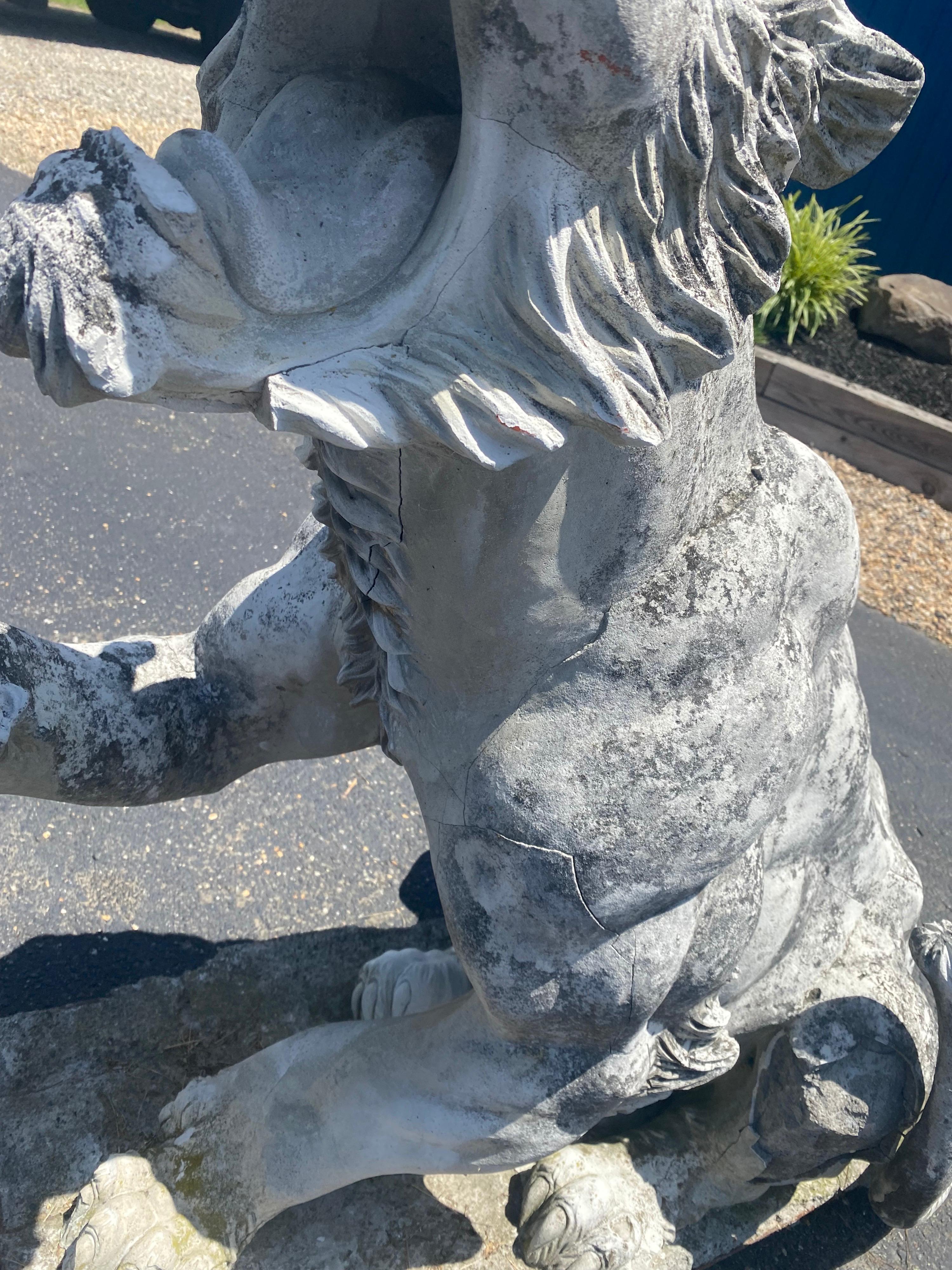 Pair of Antique Victorian Concrete Growling and Threatening Lions, circa 1890s In Good Condition In Swedesboro, NJ