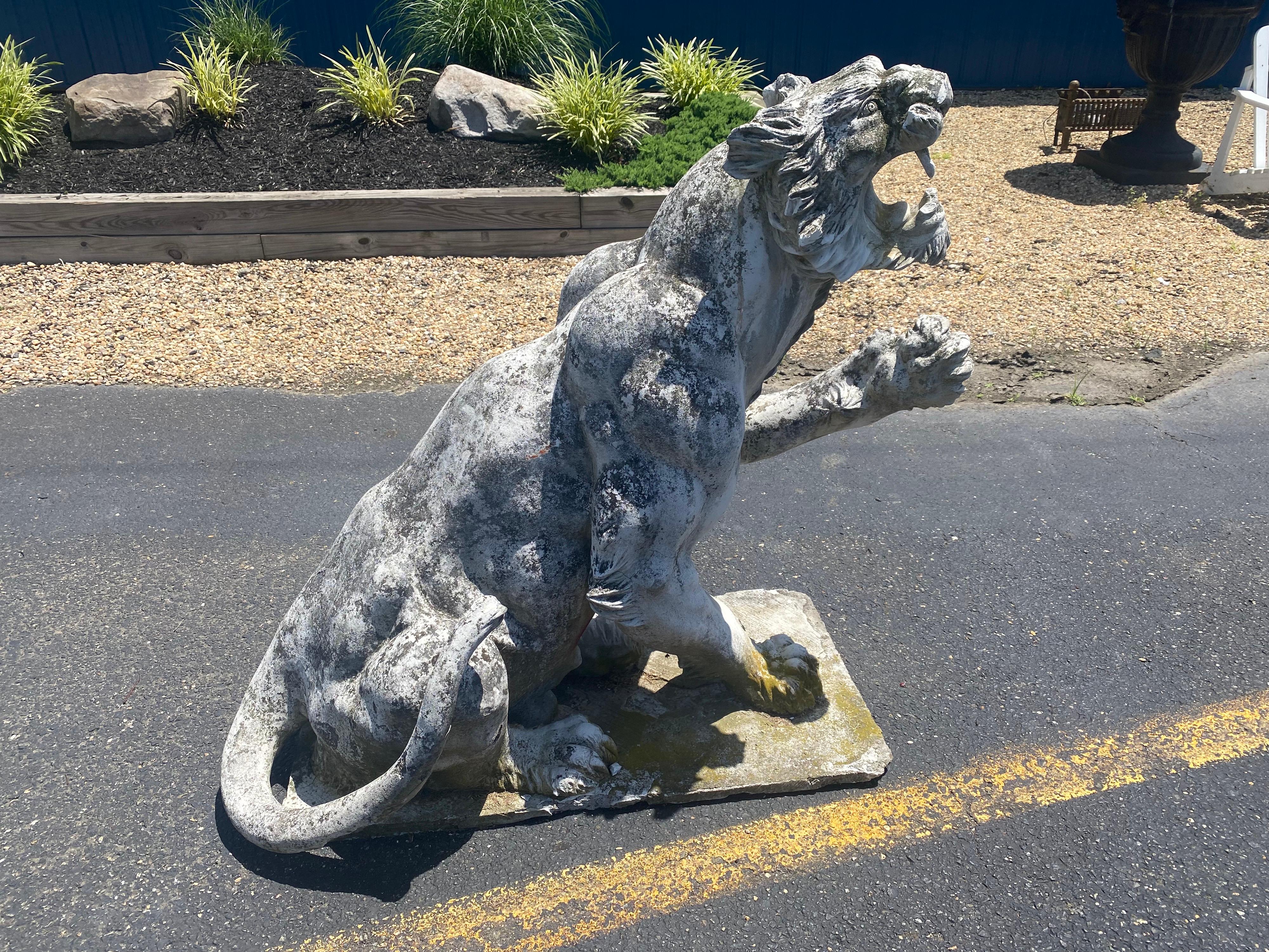 Pair of Antique Victorian Concrete Growling and Threatening Lions, circa 1890s 1