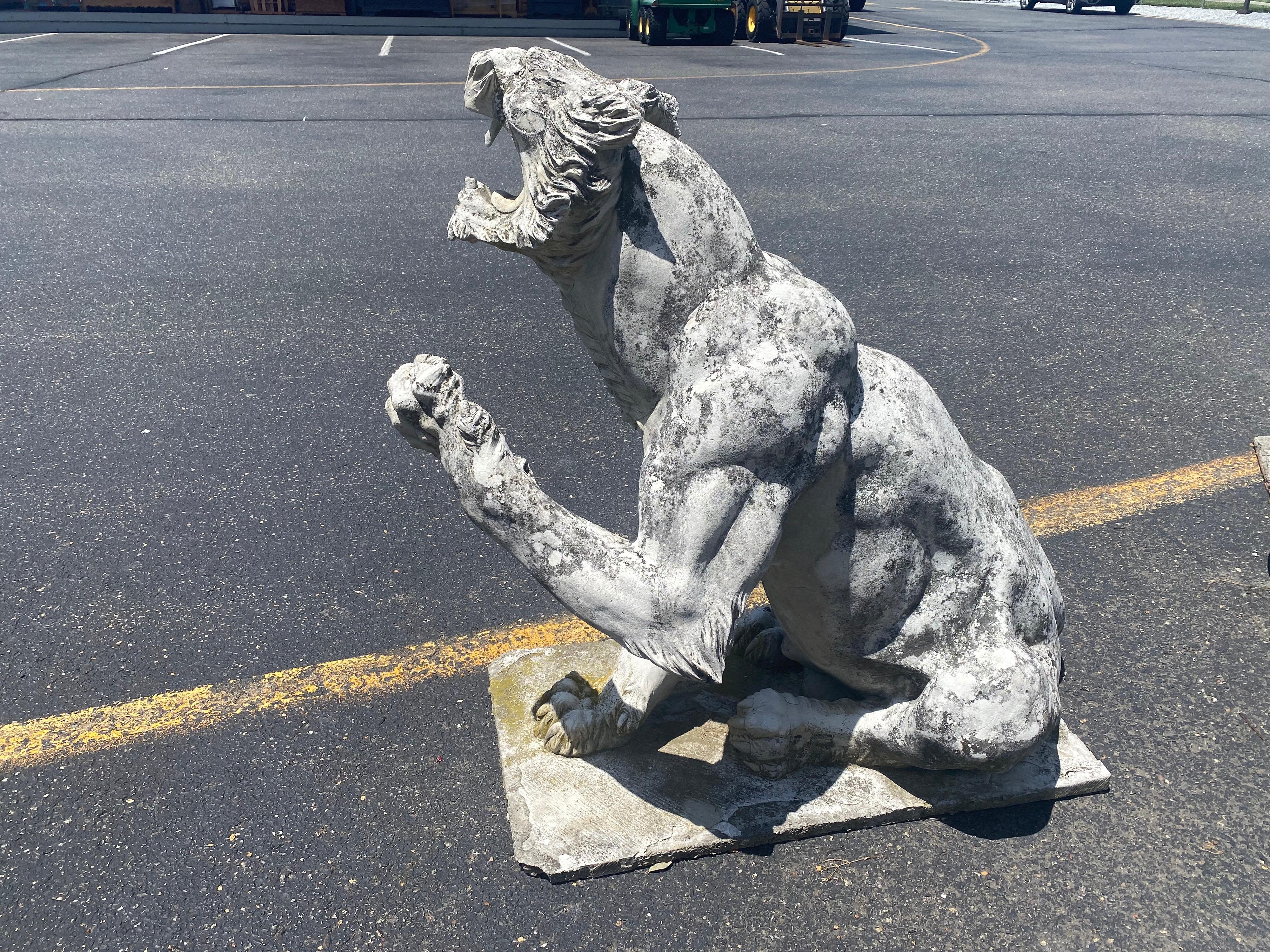 Pair of Antique Victorian Concrete Growling and Threatening Lions, circa 1890s 3