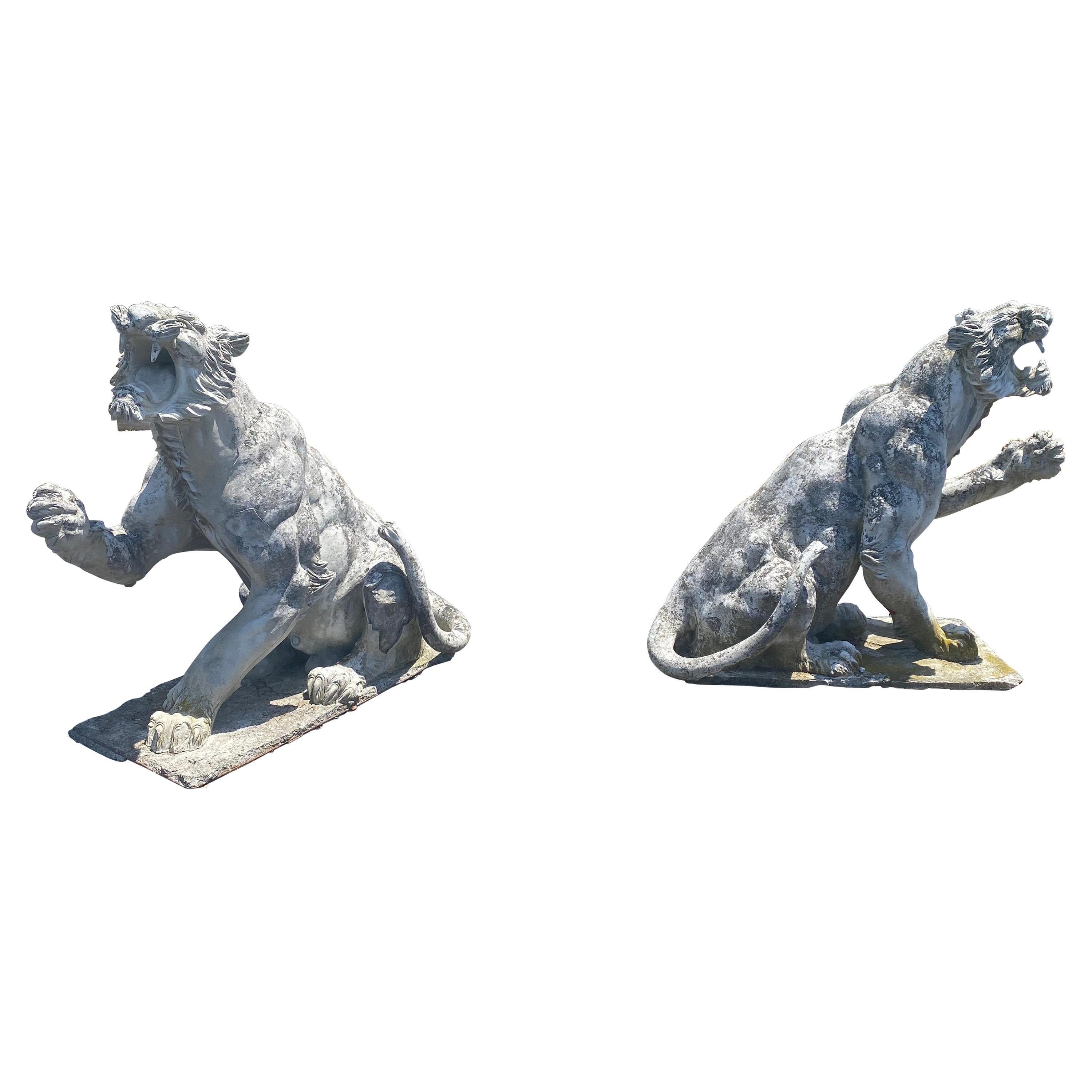 Pair of Antique Victorian Concrete Growling and Threatening Lions, circa 1890s