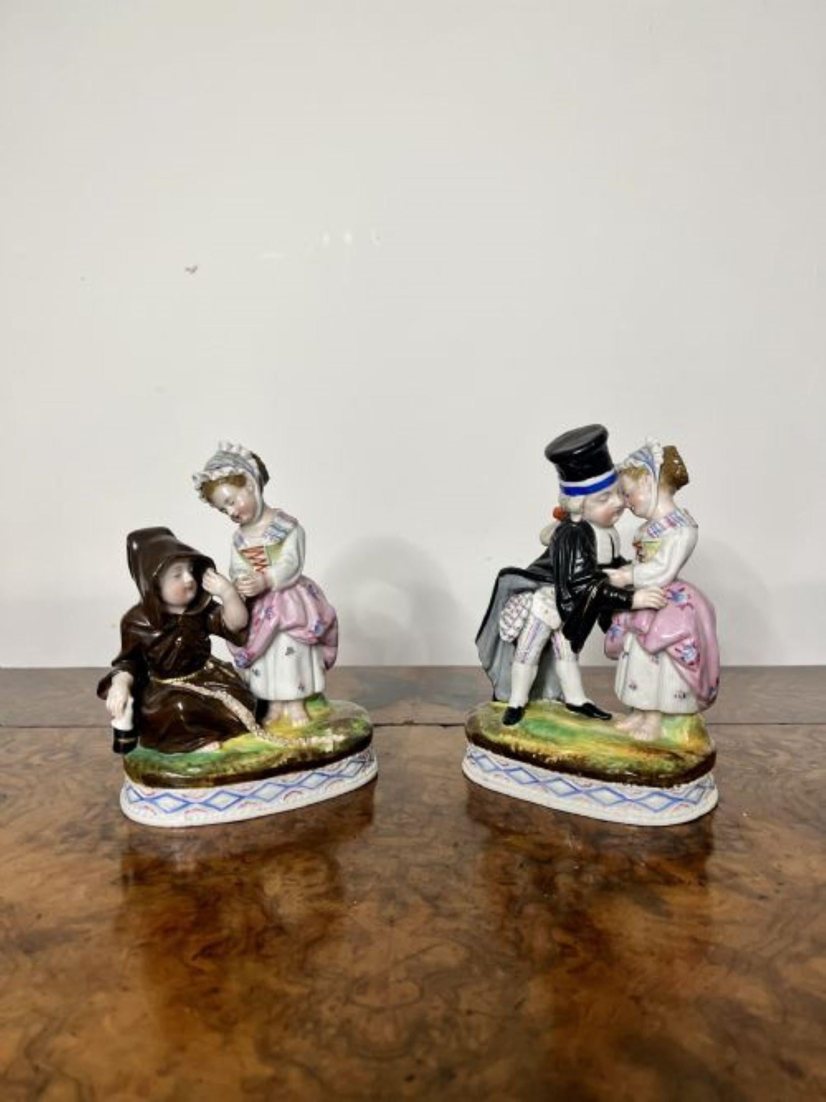 Pair of antique Victorian continental quality porcelain figures, having a quality pair of figures dressed in period clothing telling a story loving someone for richer or poorer, sickness or health, in wonderful hand painted pink, blue, yellow, green