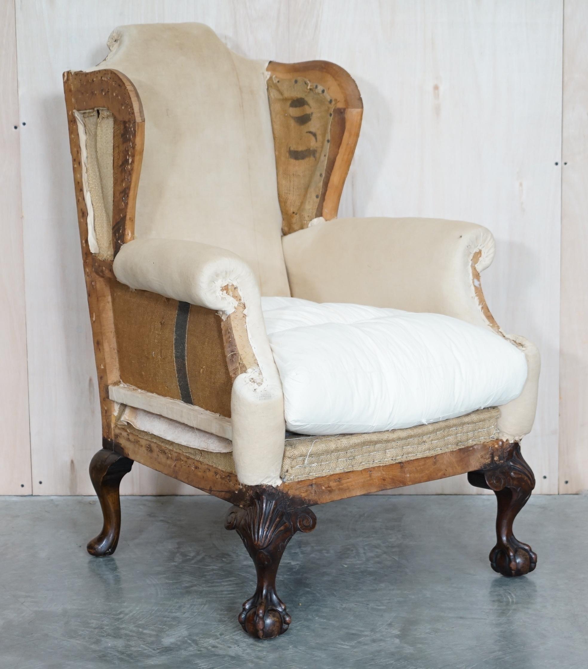 Pair of Antique Victorian Deconstructed Wingback Armchairs with Claw & Ball Feet For Sale 2