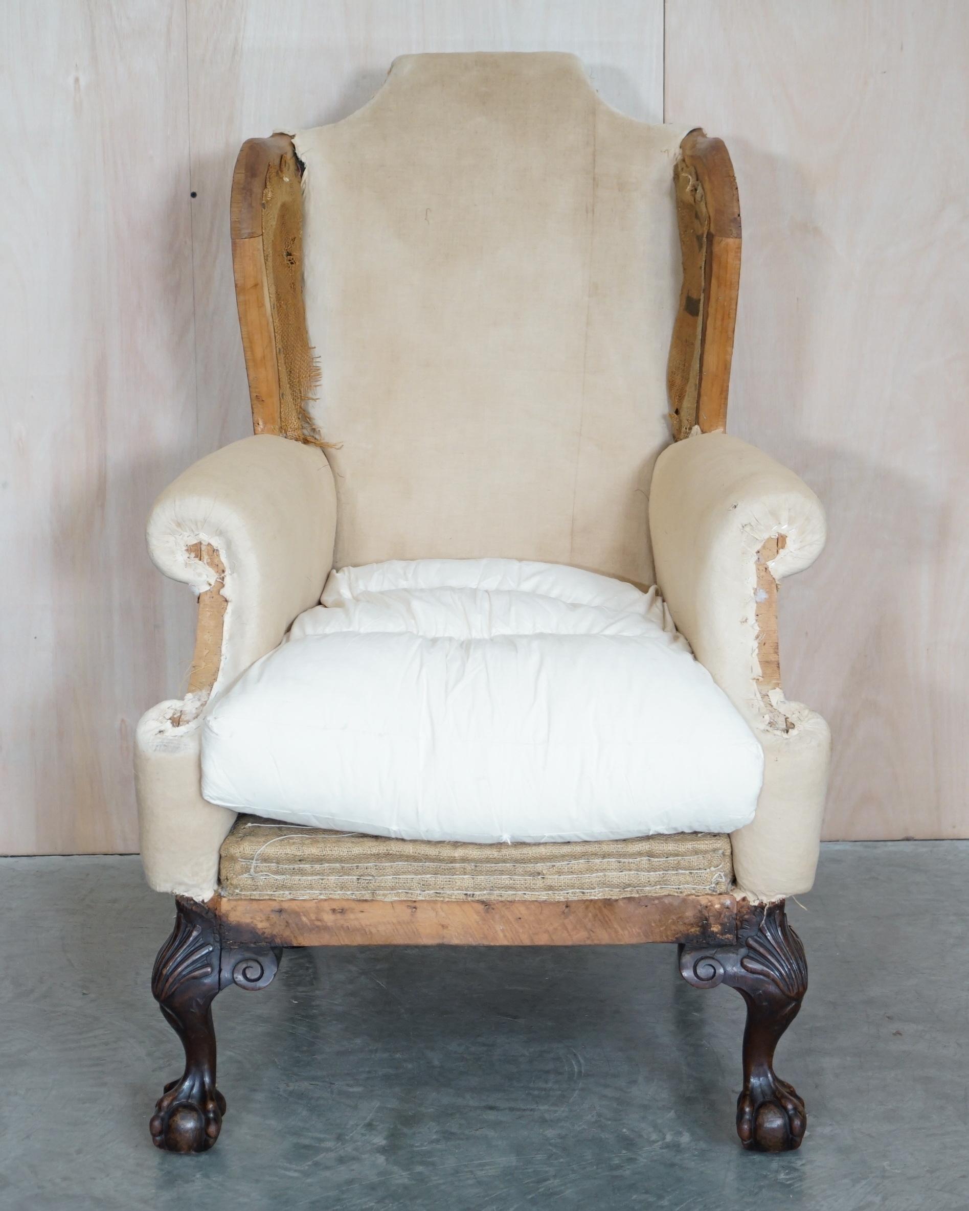 Pair of Antique Victorian Deconstructed Wingback Armchairs with Claw & Ball Feet For Sale 3