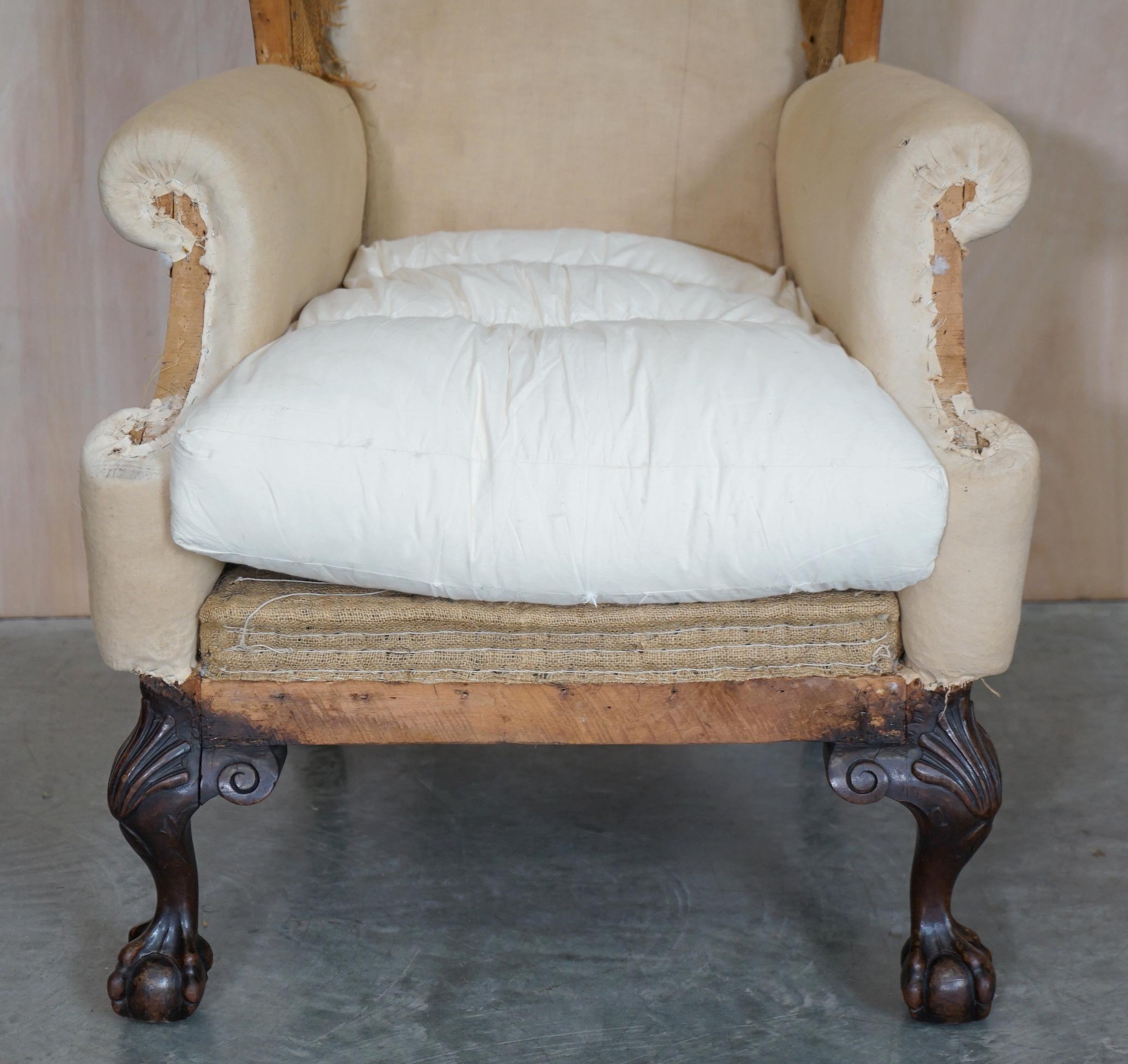 Pair of Antique Victorian Deconstructed Wingback Armchairs with Claw & Ball Feet For Sale 5