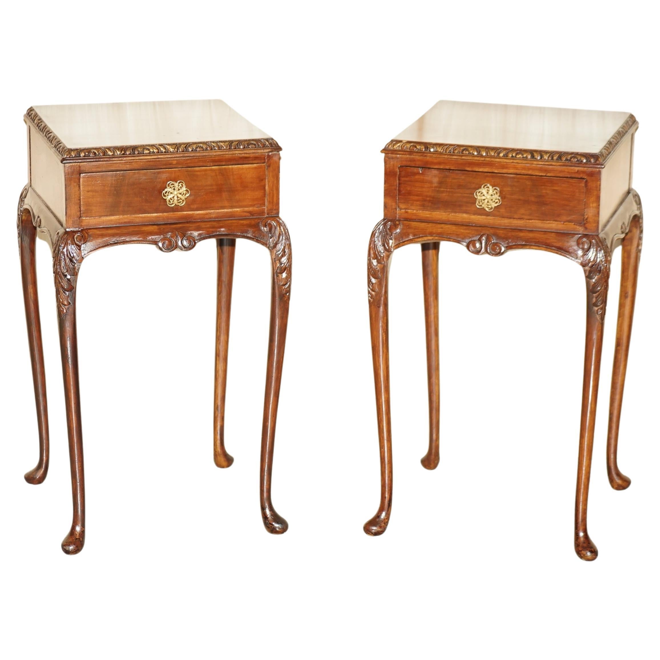 PAIR OF ANTIQUE VICTORIAN ELEGANT CABRIOLE LEGGED SINGLE DRAWER TALL SiDE TABLES For Sale