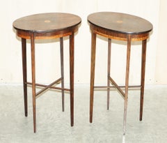 Pair of Antique Victorian Elegant Hardwood Inlaid Oval Side End Lamp Tables