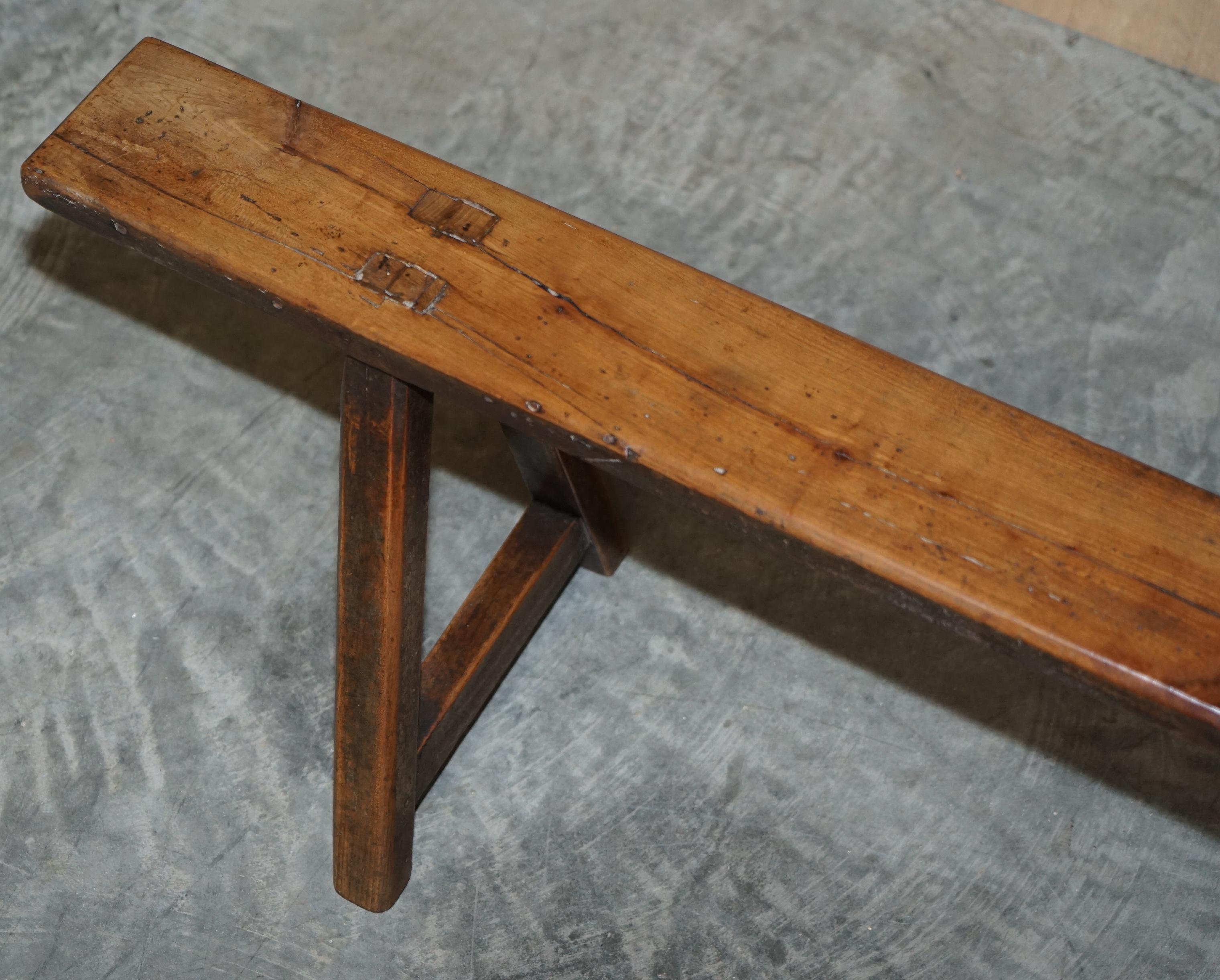 Pair of Antique Victorian Fruitwood Trestle Benches for Long Dining Tables For Sale 9