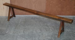 Pair of Antique Victorian Fruitwood Trestle Benches for Long Dining Tables