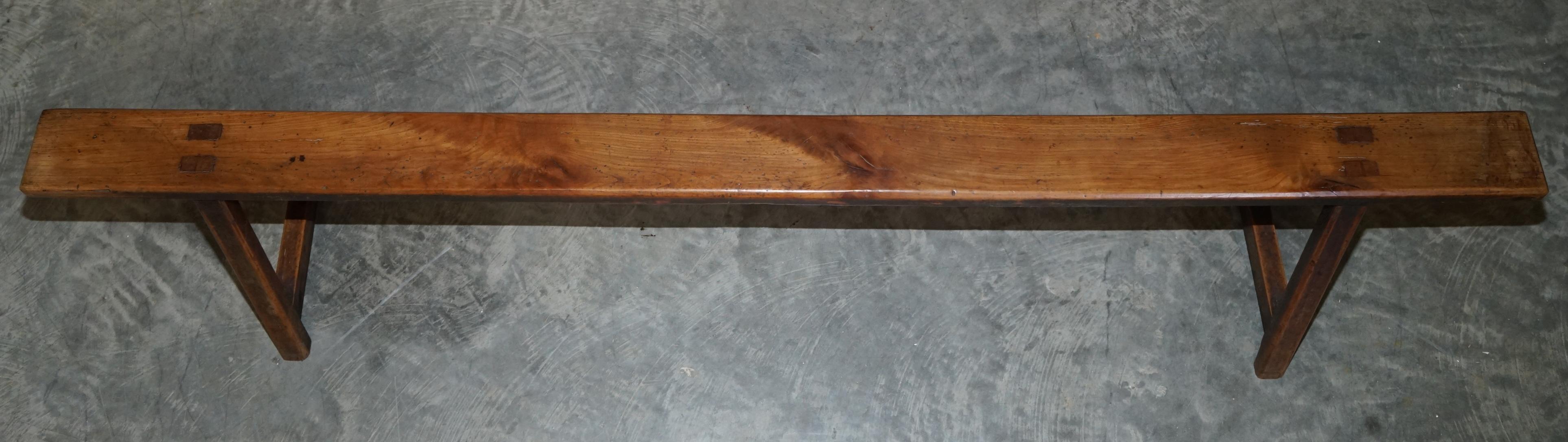 Hand-Crafted Pair of Antique Victorian Fruitwood Trestle Benches for Long Dining Tables For Sale