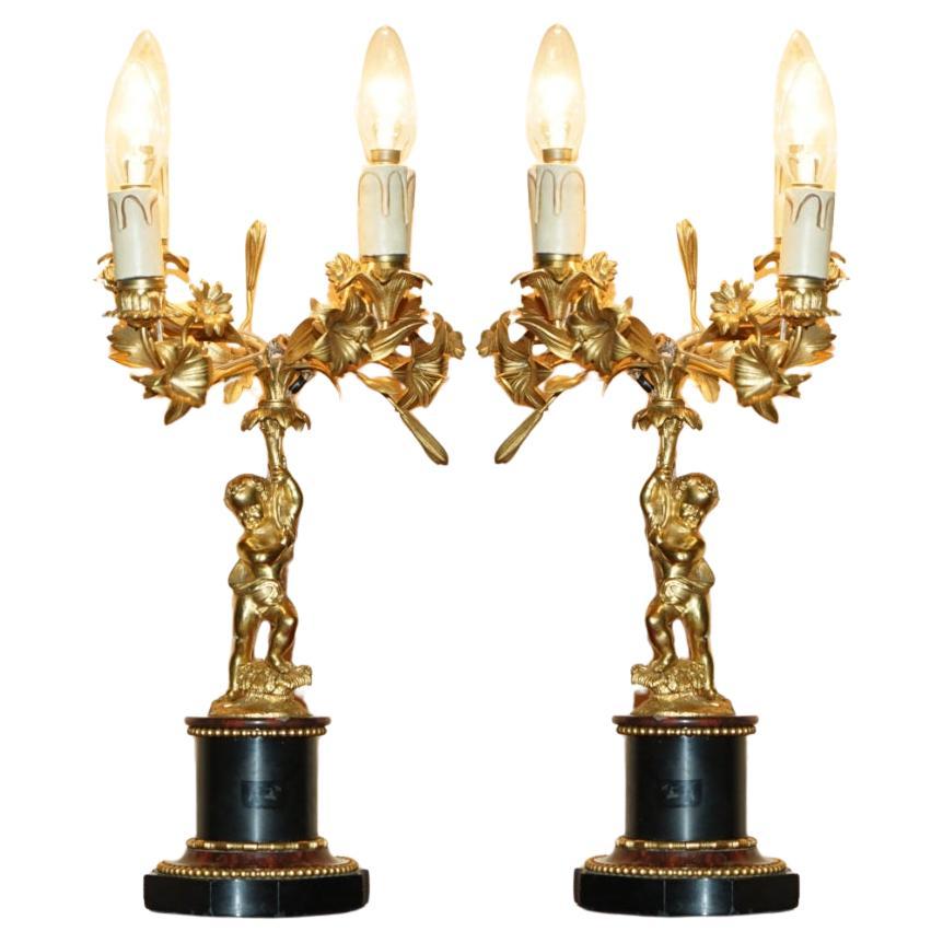 PAIR OF ANTIQUE VICTORIAN GILT BRONZE MARBLE CHERUB CANDELABRA TABLE LAMPs