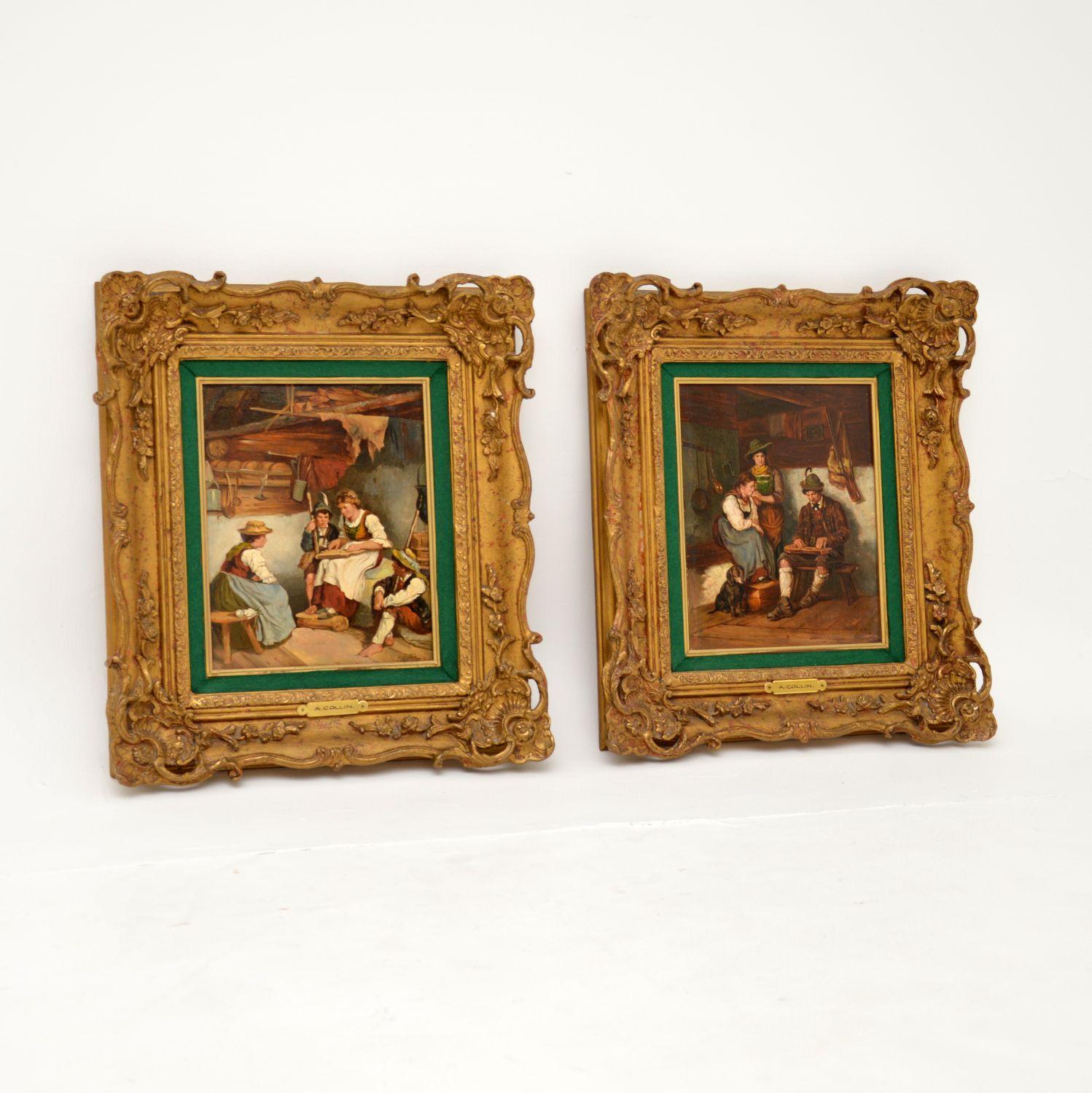 Pair of Antique Victorian Gilt Framed Oil Paintings by A. Collin
