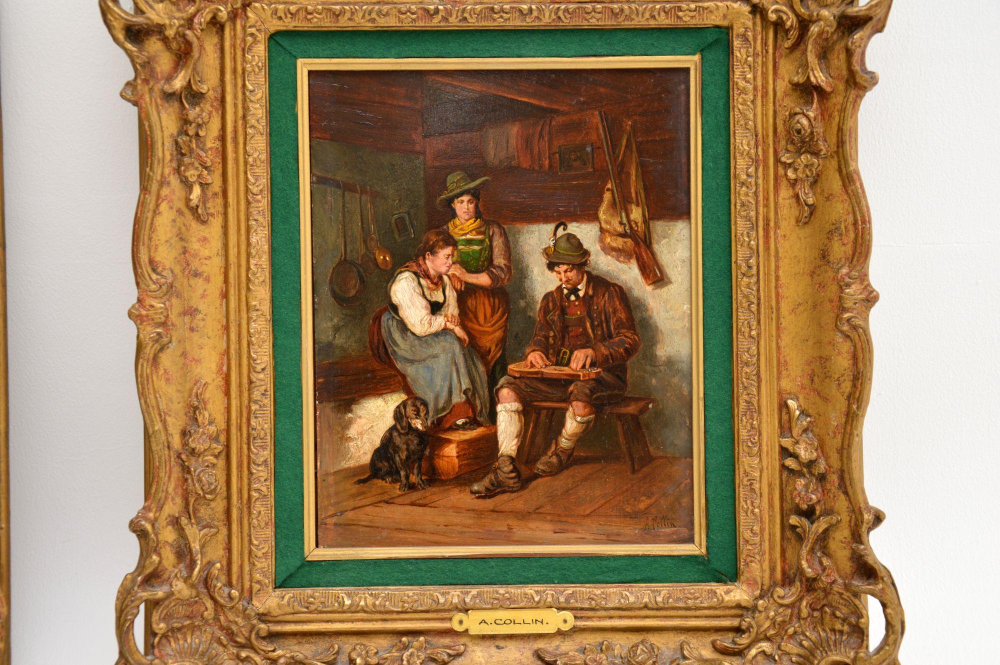Hand-Painted Pair of Antique Victorian Gilt Framed Oil Paintings by A. Collin