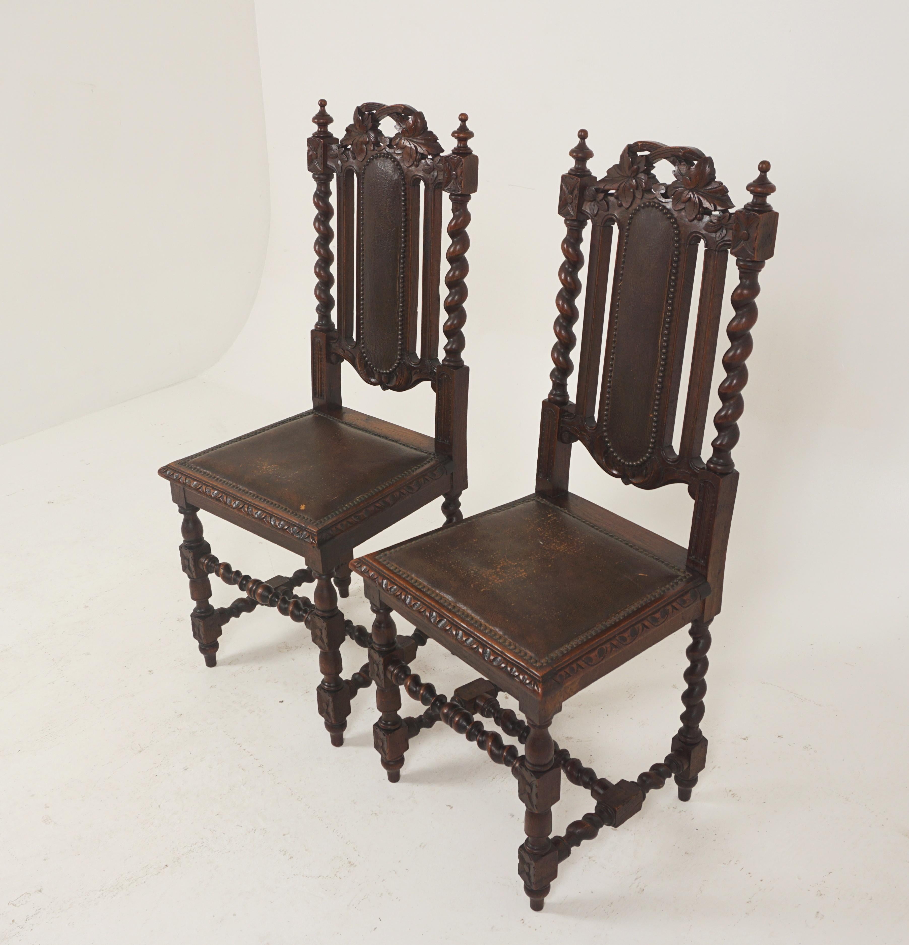 Pair of antique Victorian hall chairs, oak barley twist, Scotland 1880, B2632

Scotland 1880
Solid oak
Original finish
With superb foliage carving to the top
Barley twist supports on the ends
Leather padded back also with leather upholstered