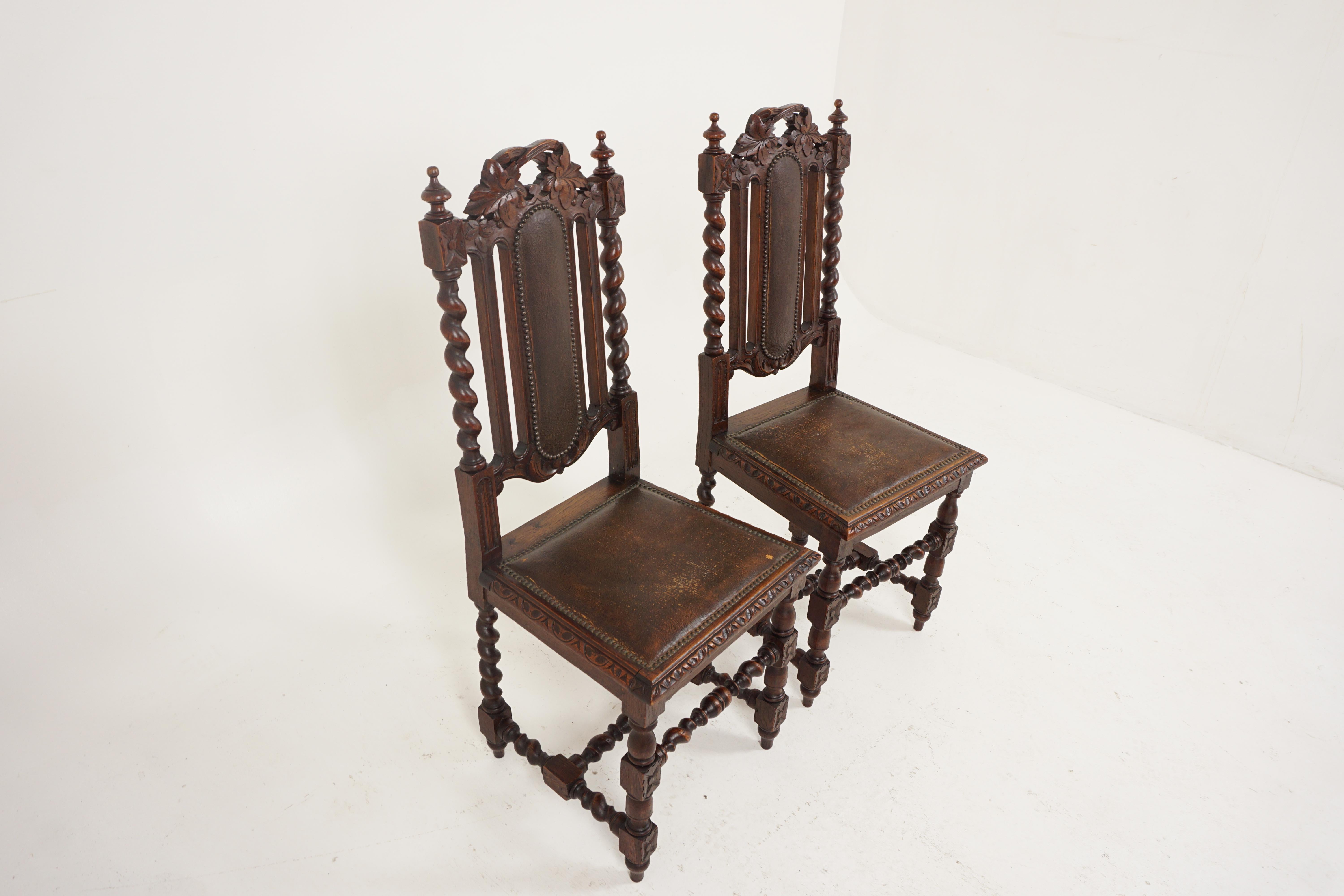 Scottish Pair of Antique Victorian Hall Chairs, Oak Barley Twist, Scotland 1880, B2632