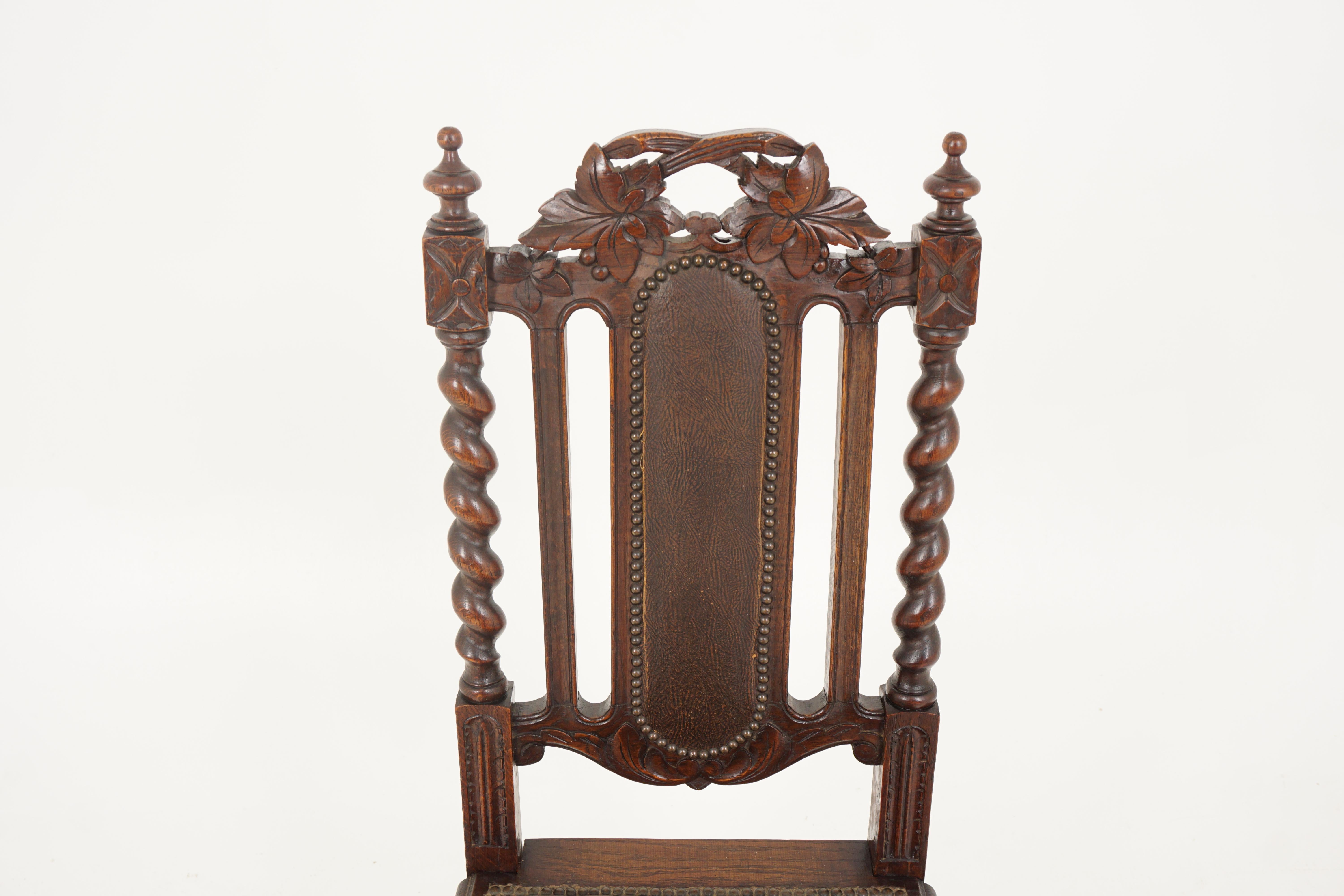 Hand-Crafted Pair of Antique Victorian Hall Chairs, Oak Barley Twist, Scotland 1880, B2632