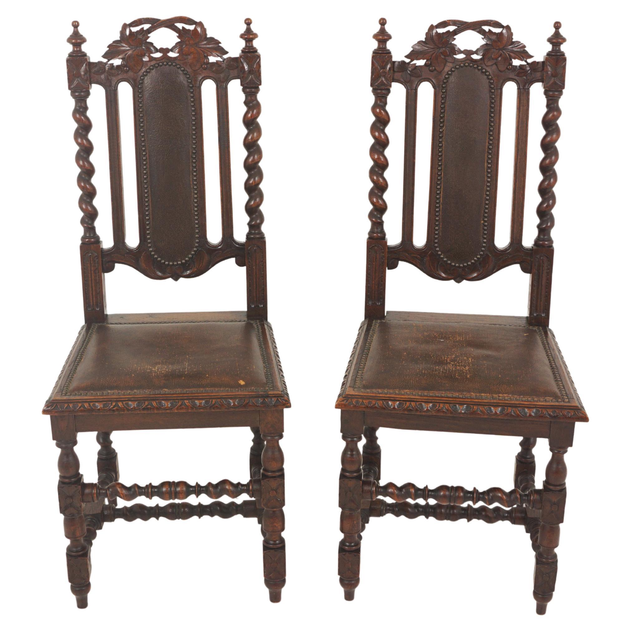 Pair of Antique Victorian Hall Chairs, Oak Barley Twist, Scotland 1880, B2632
