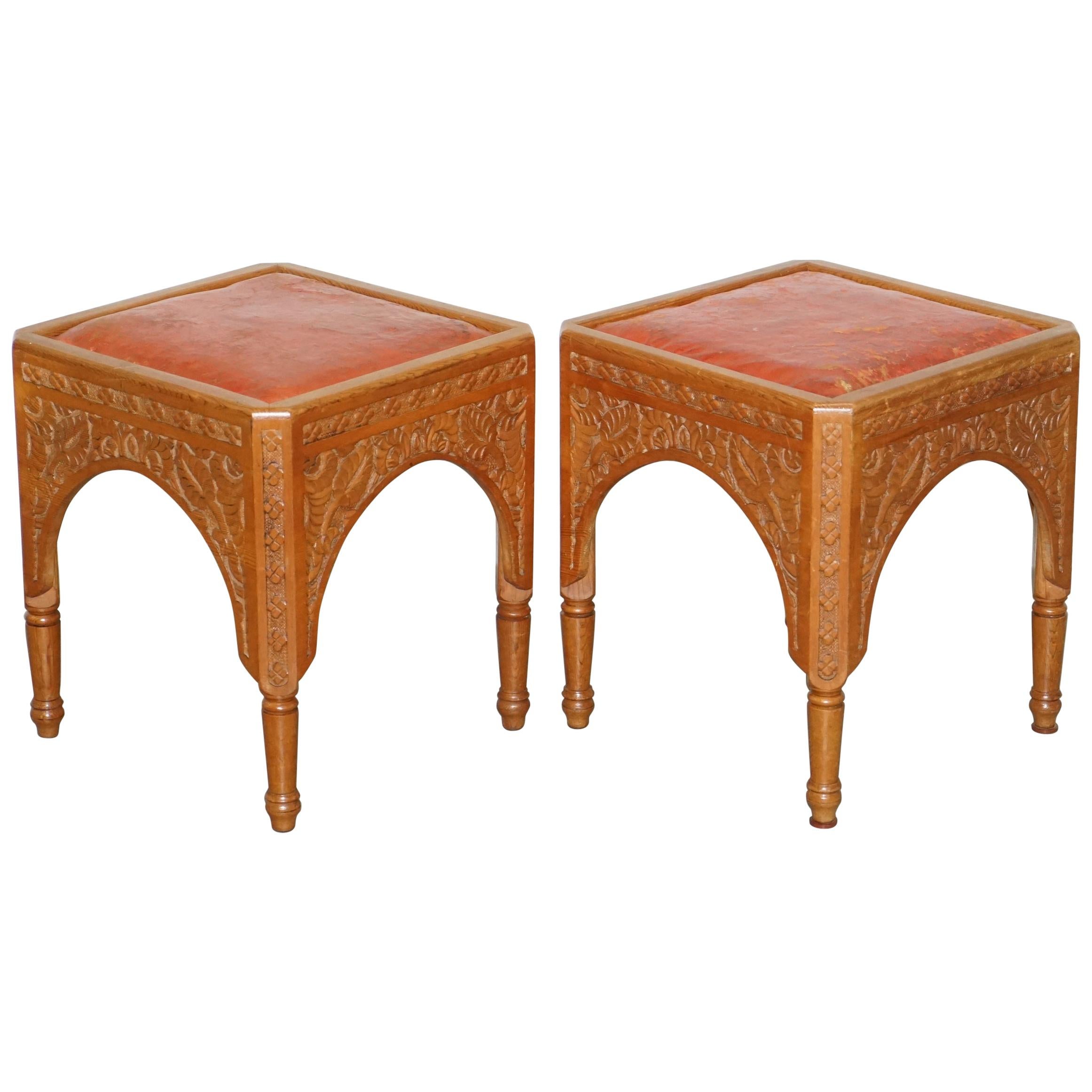 Pair of Antique Victorian Hand Carved 19th Century Asethetic Movement Stools For Sale