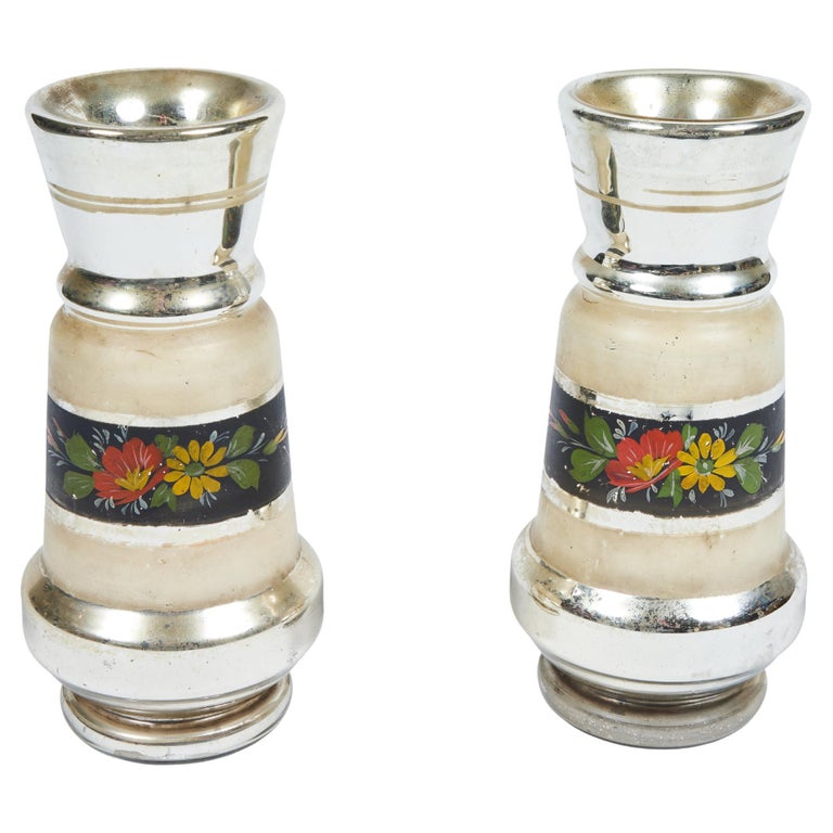 Pair of Antique Victorian Hand Painted Mercury Glass Vases For Sale at
