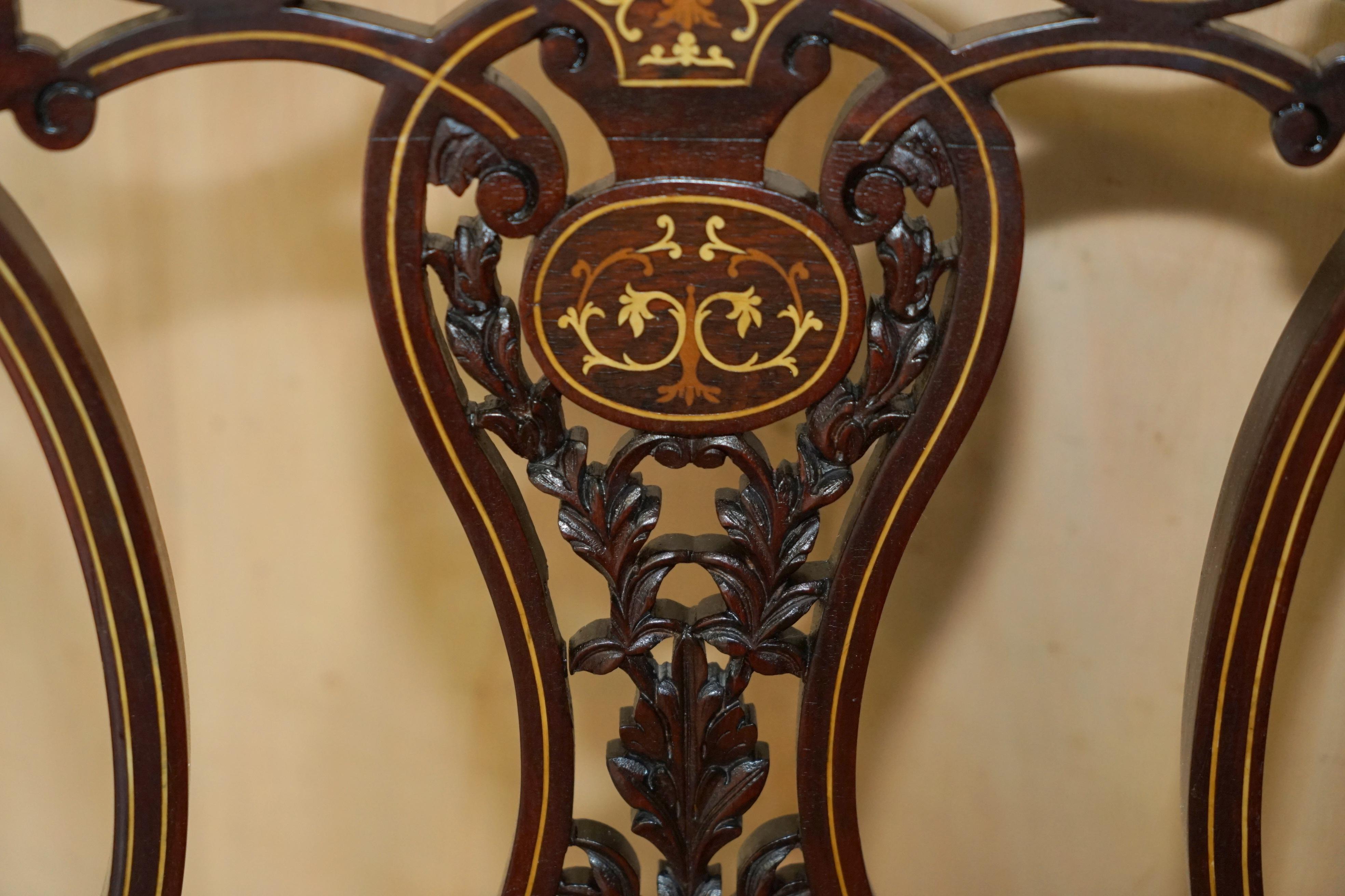 PAiR OF ANTIQUE VICTORIAN HARDWOOD SALON CHAIRS WITH STUNNING INLAID BACK PANELS For Sale 12