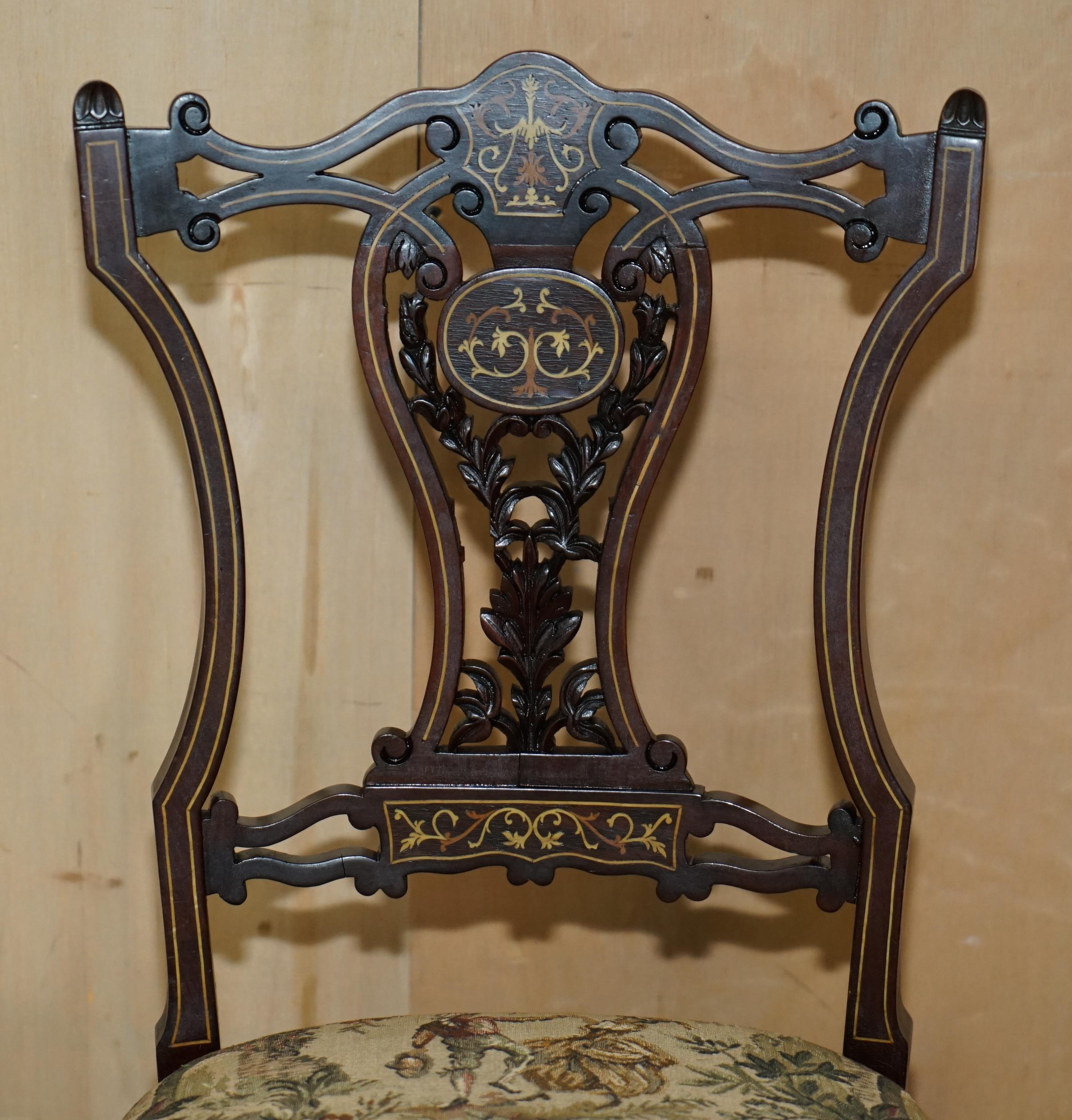 English PAiR OF ANTIQUE VICTORIAN HARDWOOD SALON CHAIRS WITH STUNNING INLAID BACK PANELS For Sale