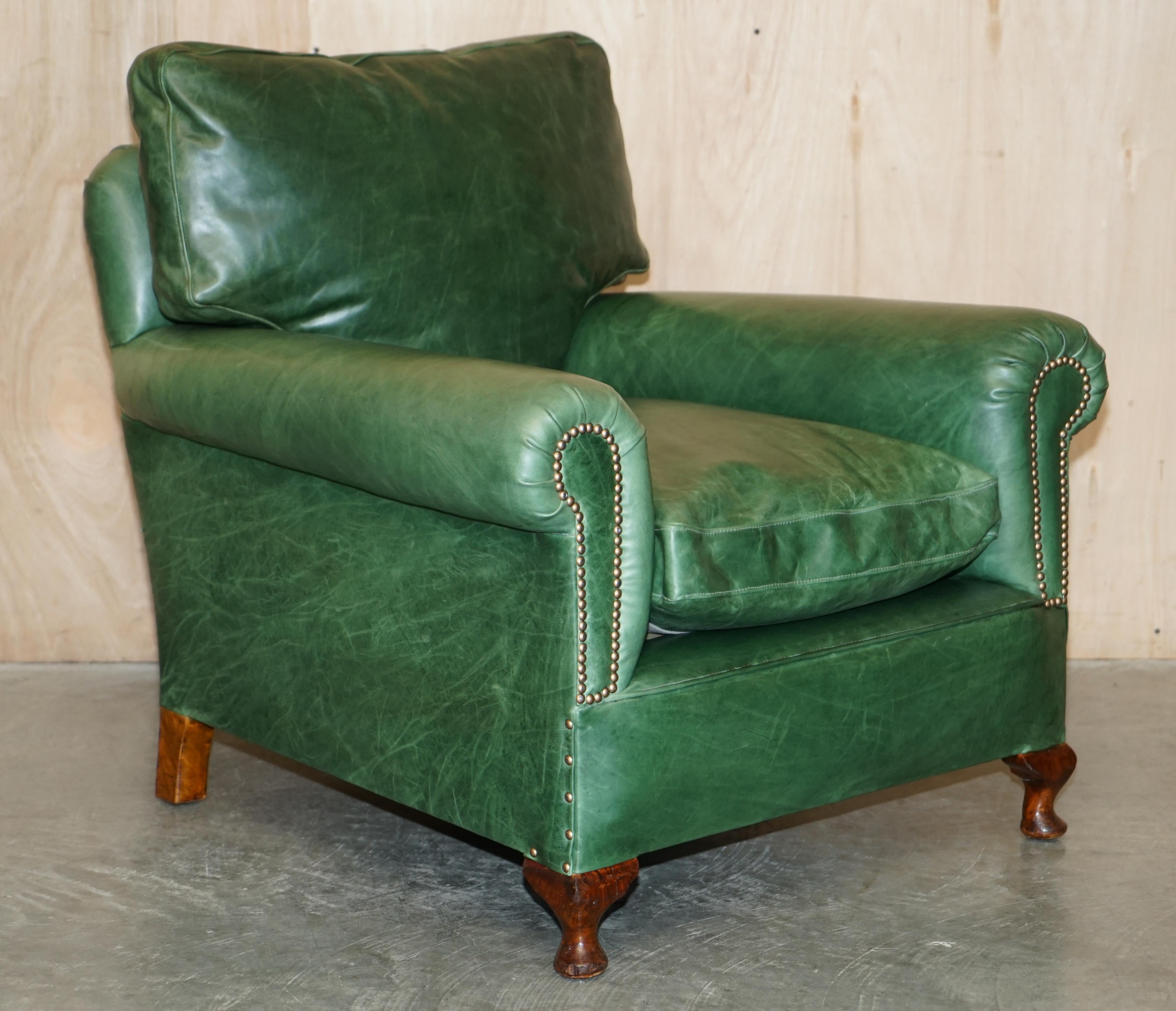 Pair of Antique Victorian Heritage Green Leather Upholstered Club Armchairs 10