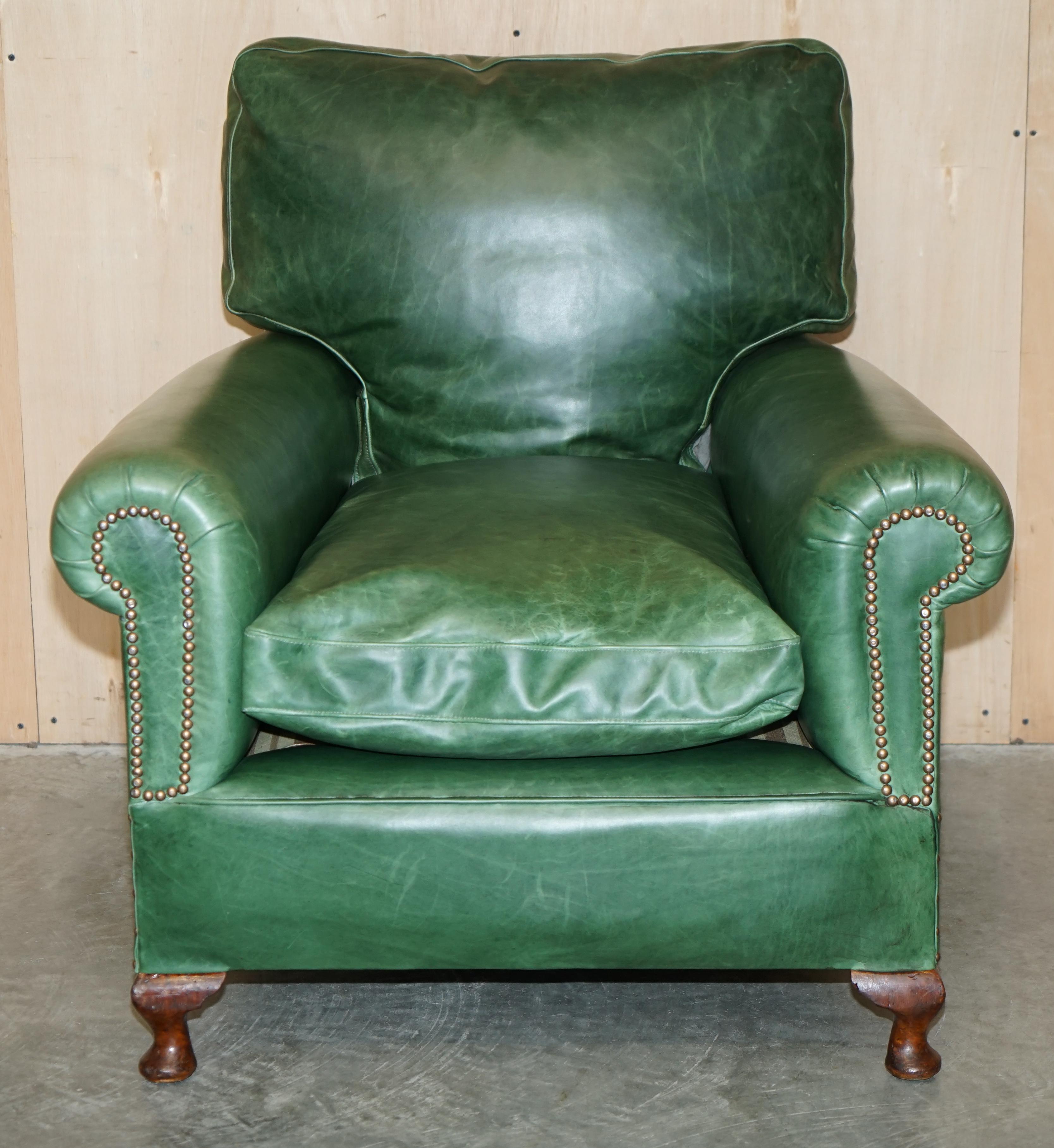 Pair of Antique Victorian Heritage Green Leather Upholstered Club Armchairs 11