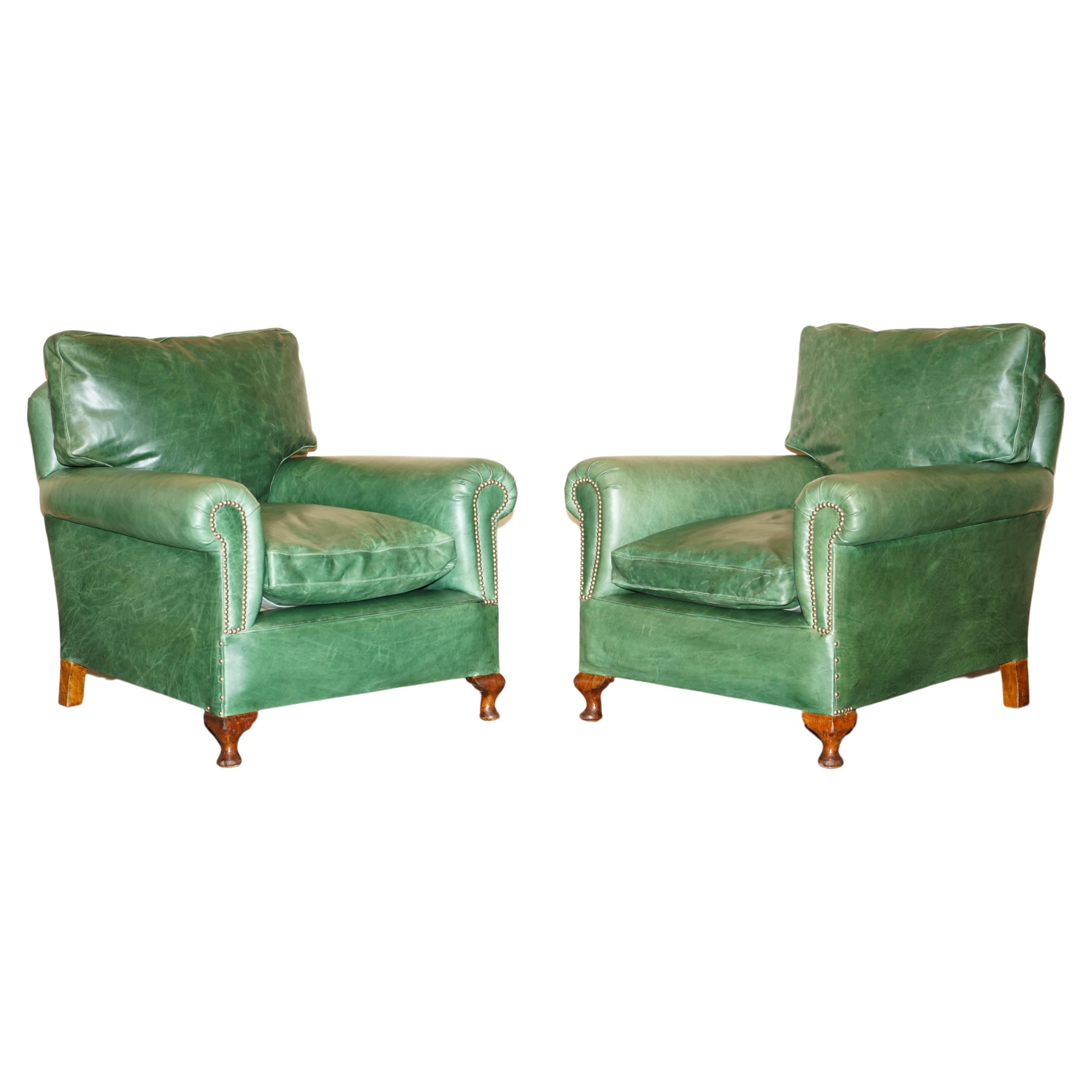 Pair of Antique Victorian Heritage Green Leather Upholstered Club Armchairs