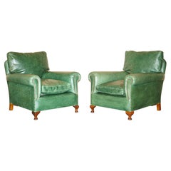 PAIR OF ANTIQUE VICTORIAN HERITAGE GRÜNE LEDER UPHOLSTERED CLUB ARMCHAiRS