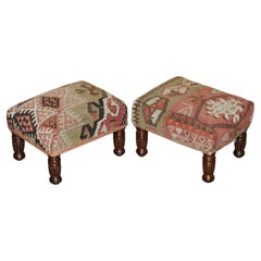 PAIR OF ANTiQUE VICTORIAN KILIM UPHOLSTERED WINGBACK ARMCHAIR FOOTSTOOLS