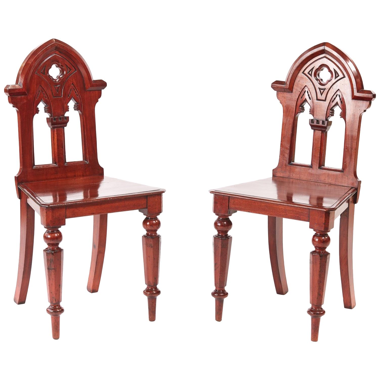 Pair of Antique Victorian Mahogany Gothic Hall Chairs