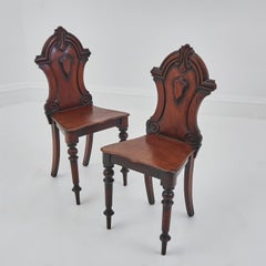 Pair of Antique Victorian Mahogany Hall Chairs with Carved Crest Backs