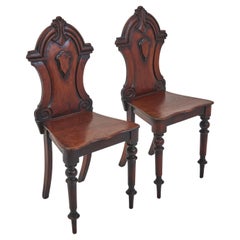 Pair of Antique Victorian Mahogany Hall Chairs with Carved Crest Backs