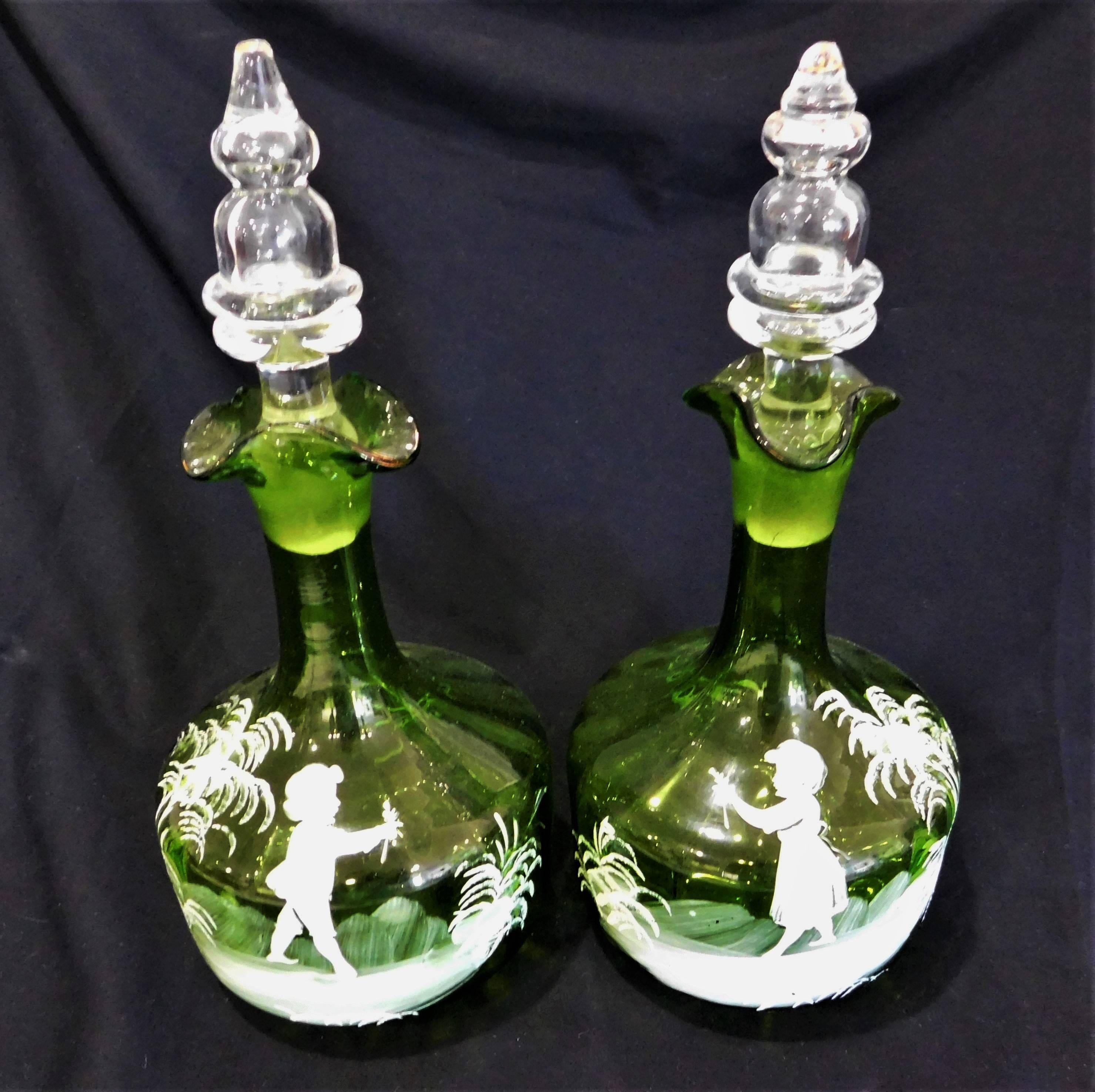 Pair of Antique Victorian Mary Gregory White Enameled Green Glass Decanters For Sale 1